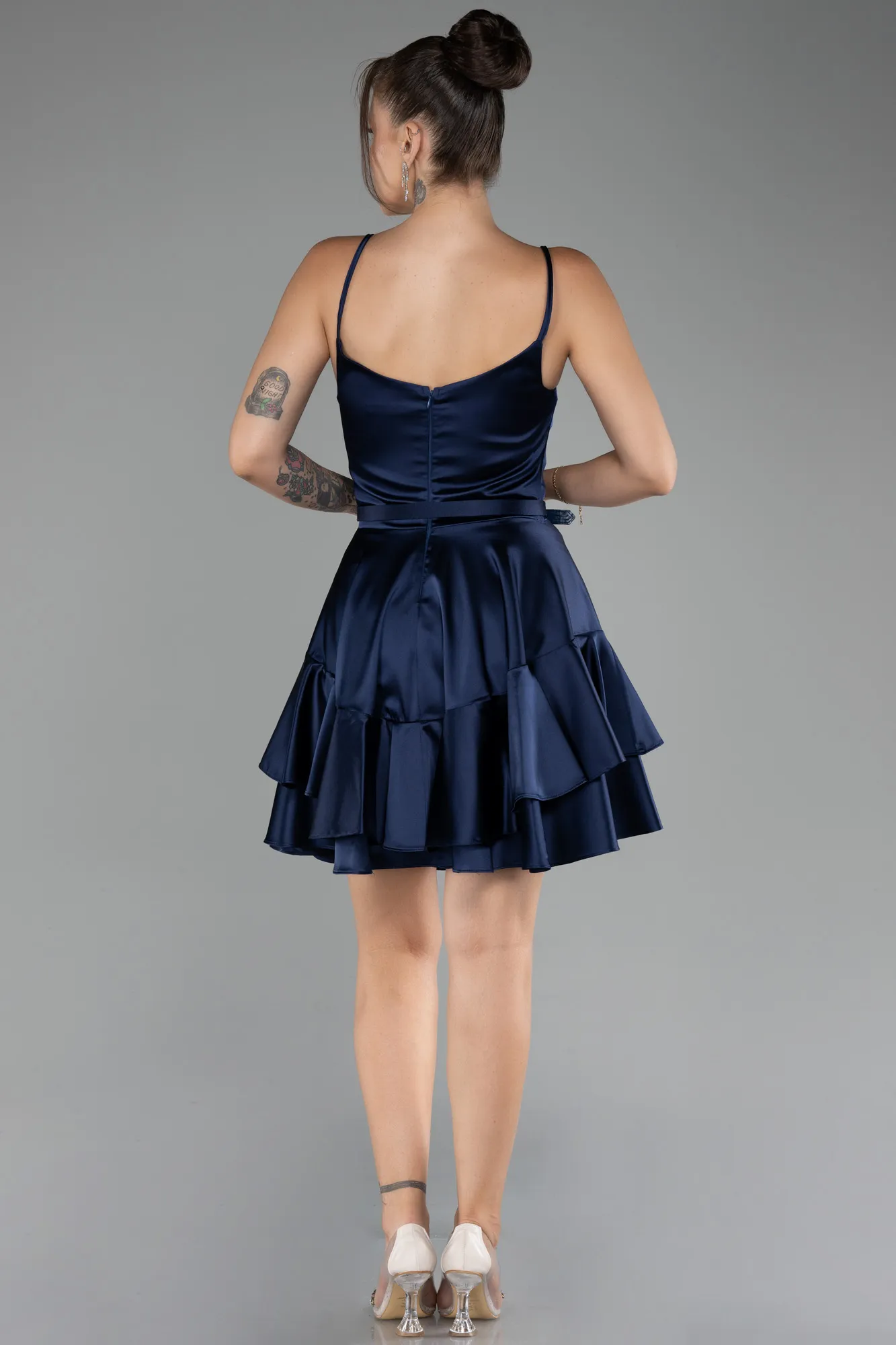 Navy Blue-Strappy Short Satin Cocktail Dress ABK2114