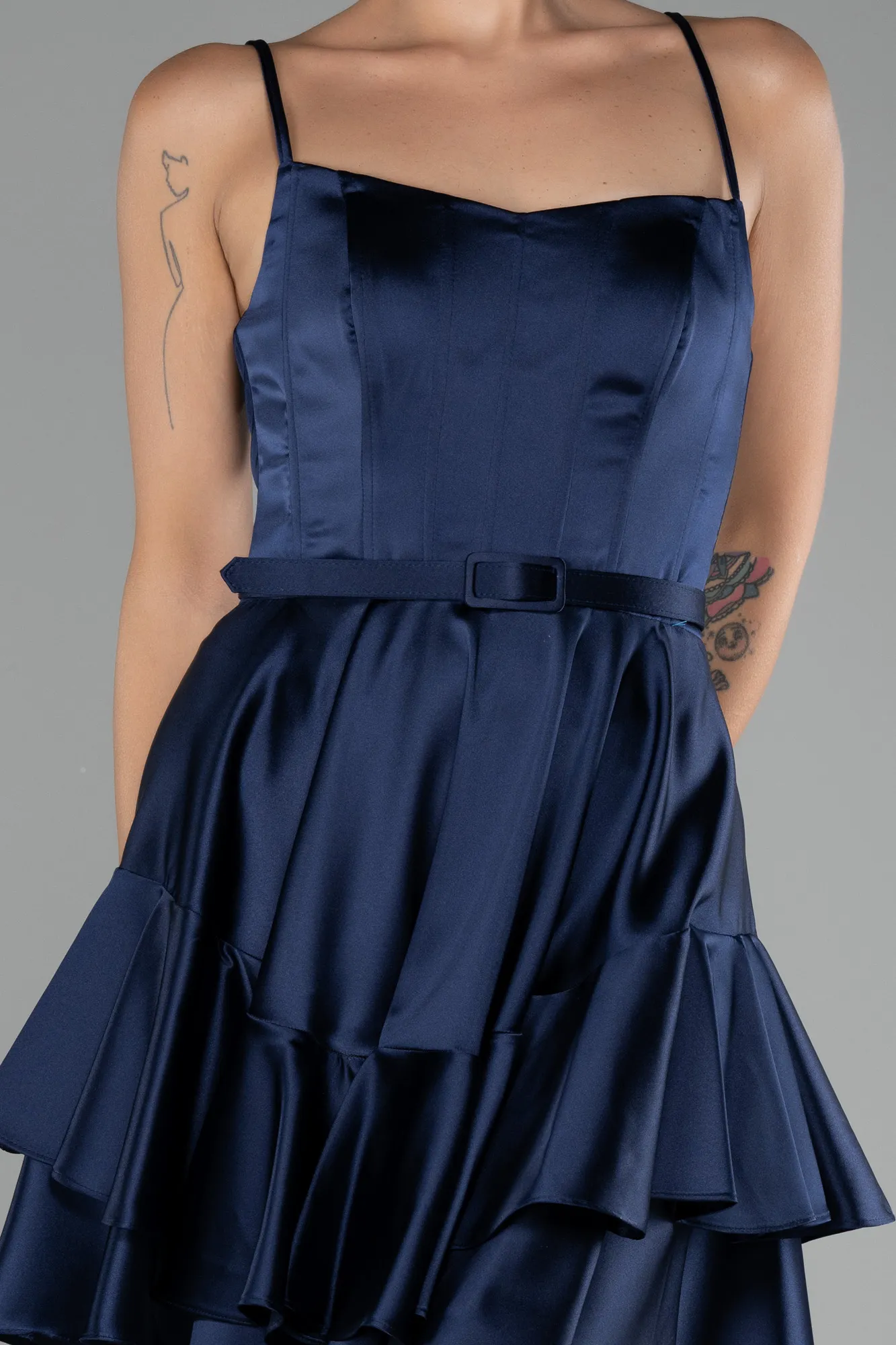 Navy Blue-Strappy Short Satin Cocktail Dress ABK2114