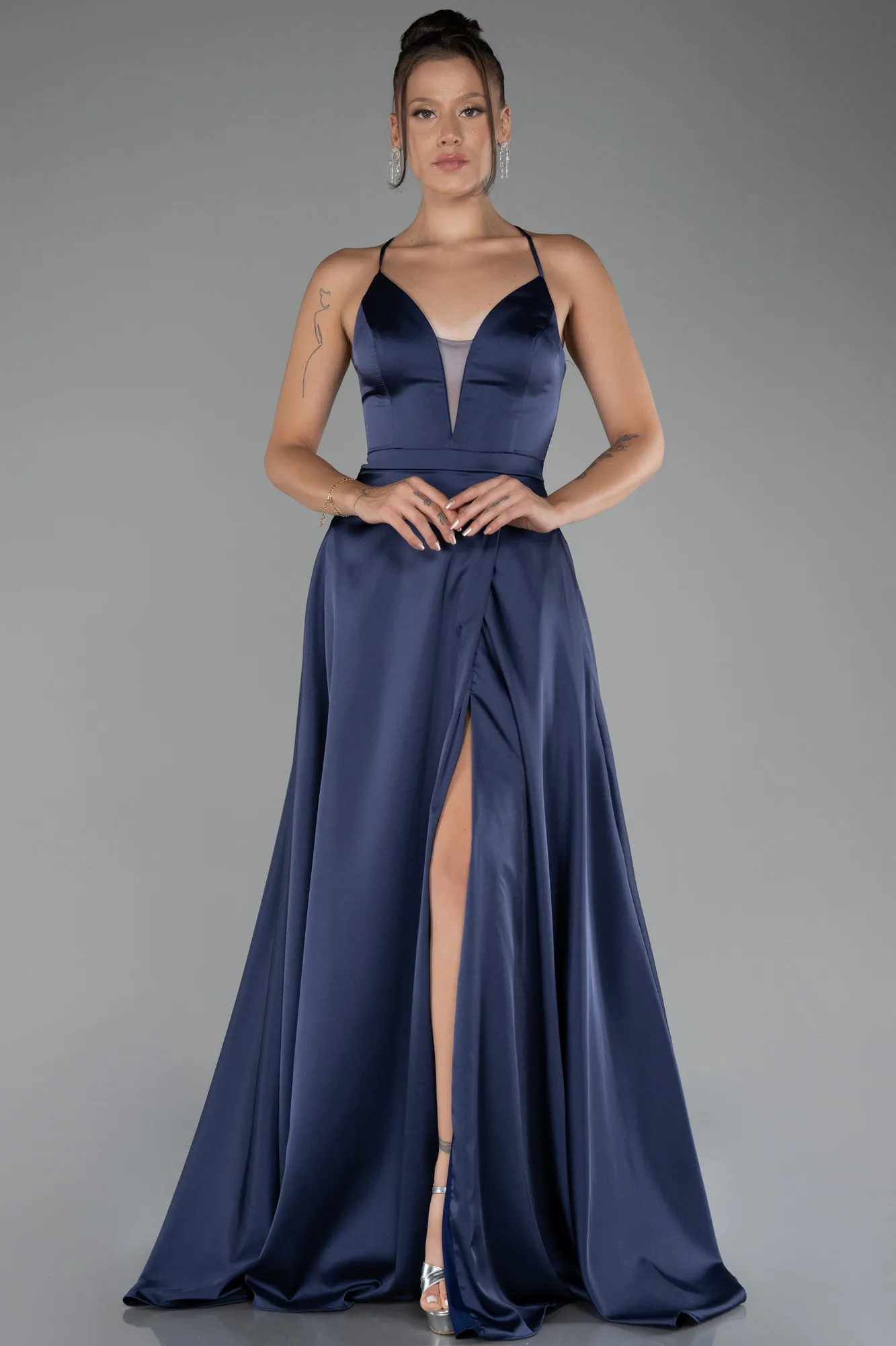 Navy Blue-Strappy Slit Long Satin Prom Gown ABU4087