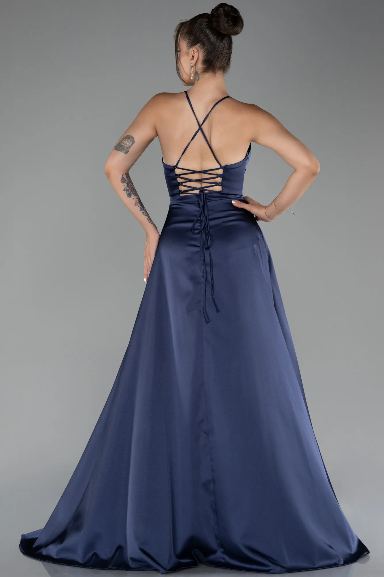 Navy Blue-Strappy Slit Long Satin Prom Gown ABU4087