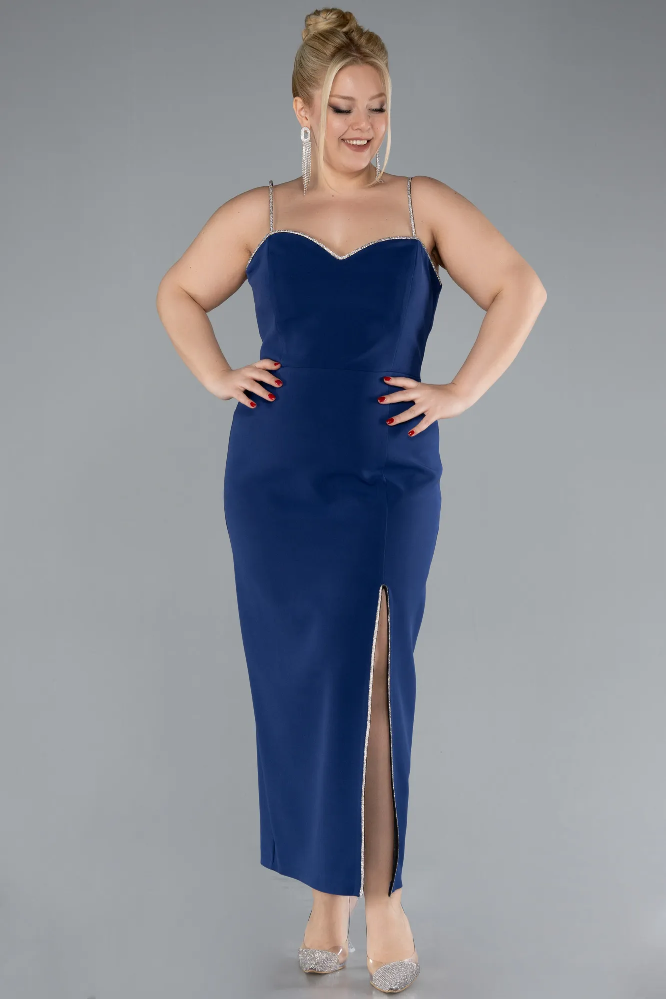 Navy Blue-Strappy Slit Midi Plus Size Cocktail Dress ABK2192