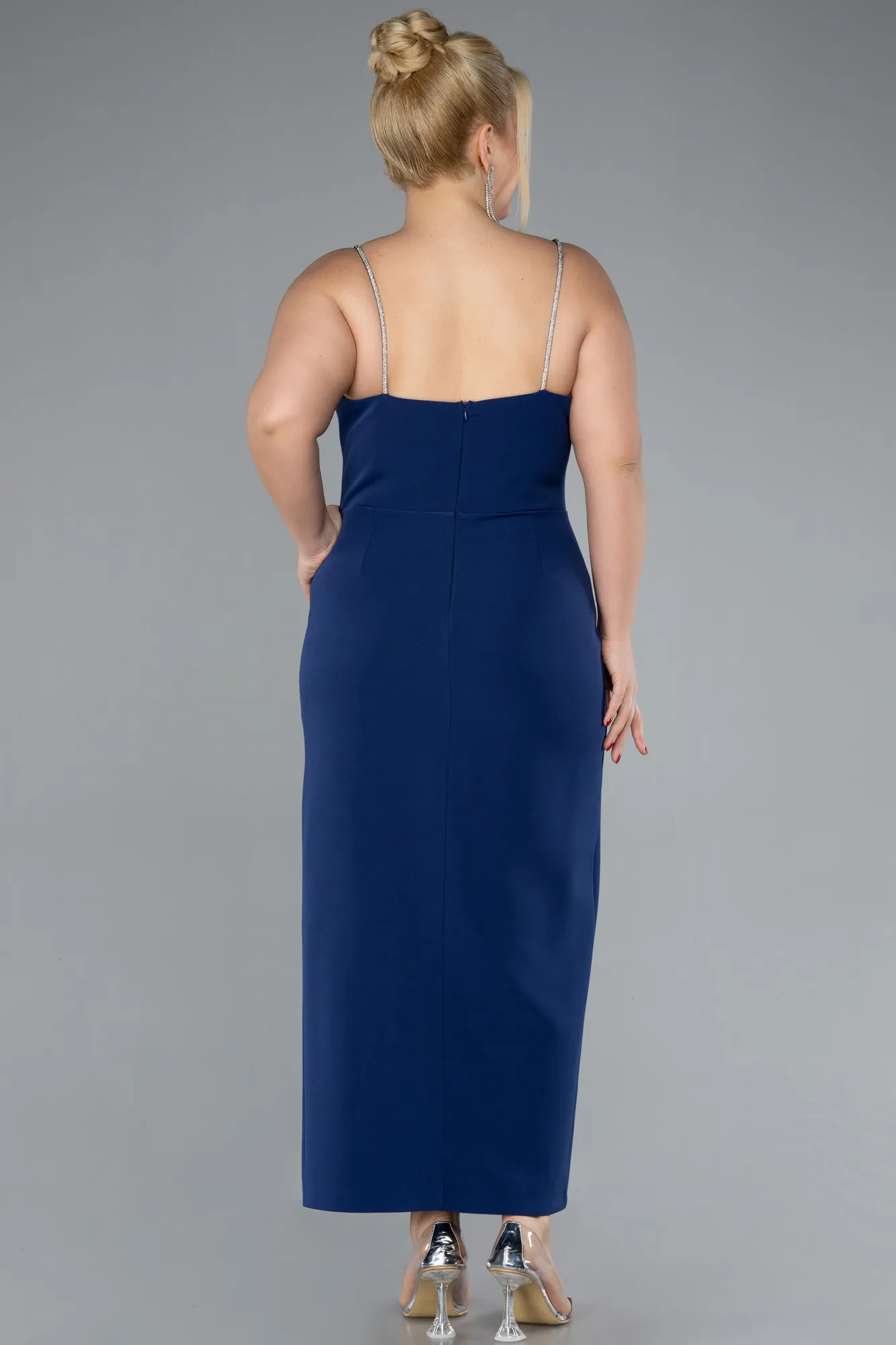 Navy Blue-Strappy Slit Midi Plus Size Cocktail Dress ABK2192