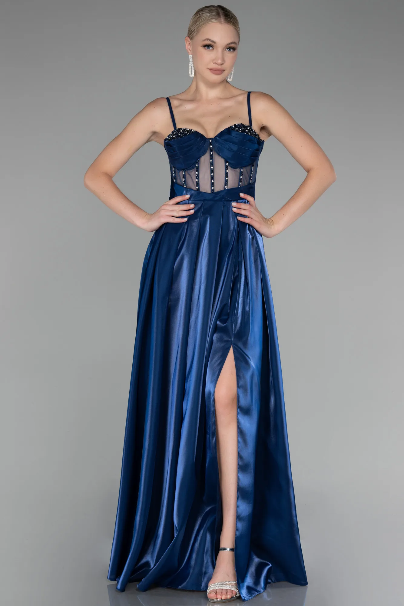 Navy Blue-Strappy Underwire Corset Slit Long Satin Prom Dress ABU4112