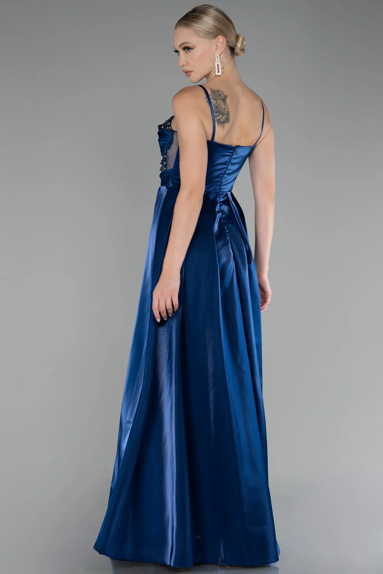 Navy Blue-Strappy Underwire Corset Slit Long Satin Prom Dress ABU4112