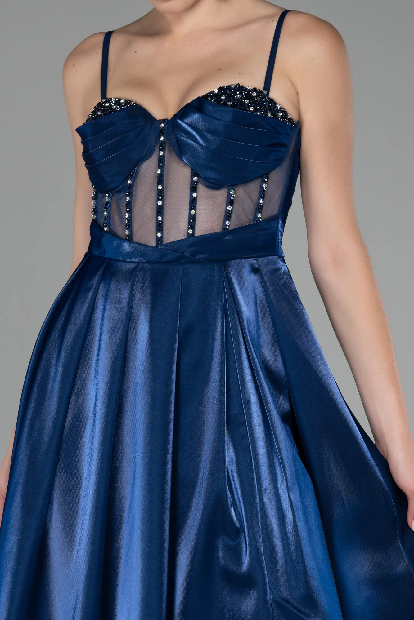 Navy Blue-Strappy Underwire Corset Slit Long Satin Prom Dress ABU4112