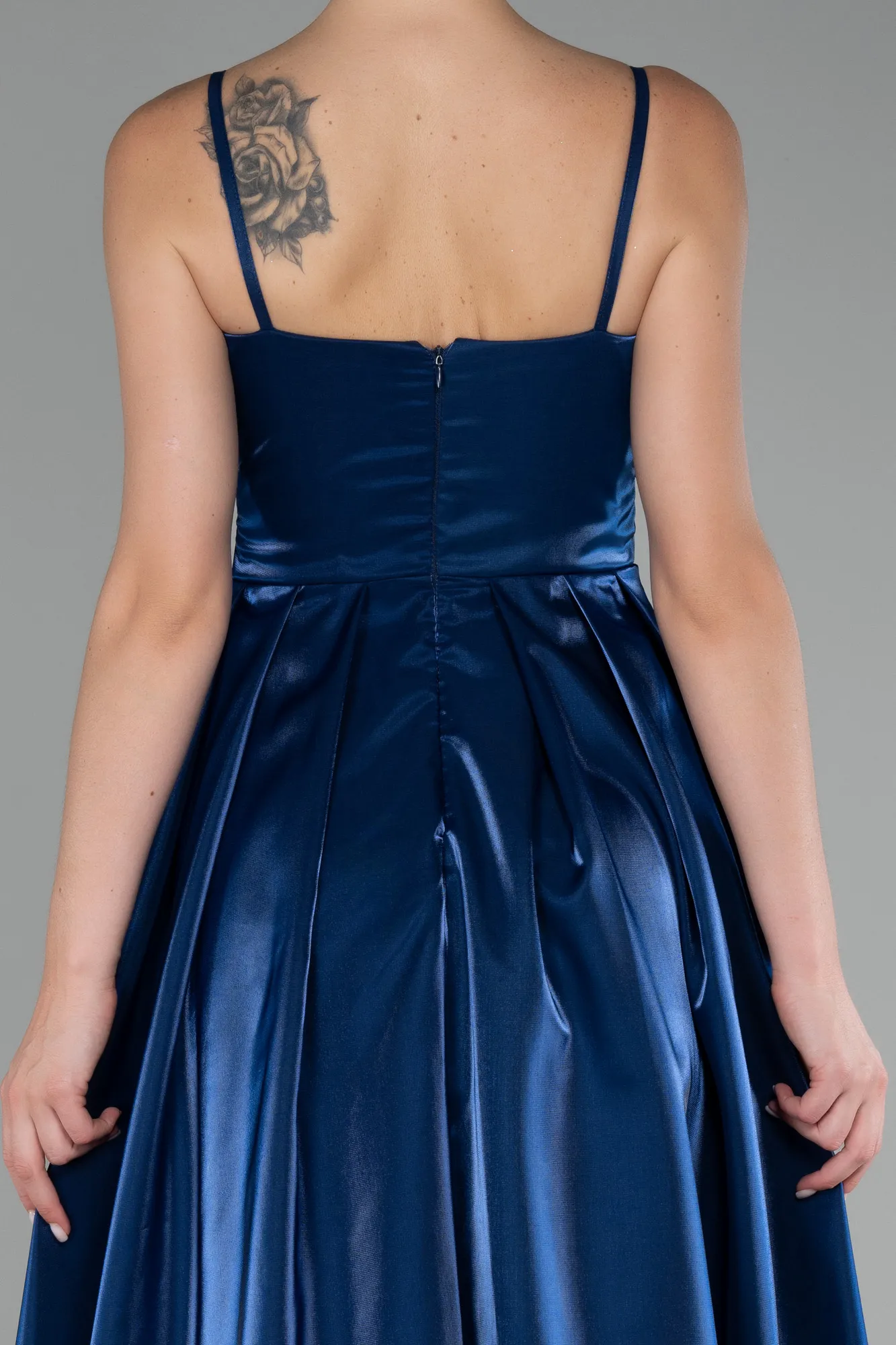 Navy Blue-Strappy Underwire Corset Slit Long Satin Prom Dress ABU4112