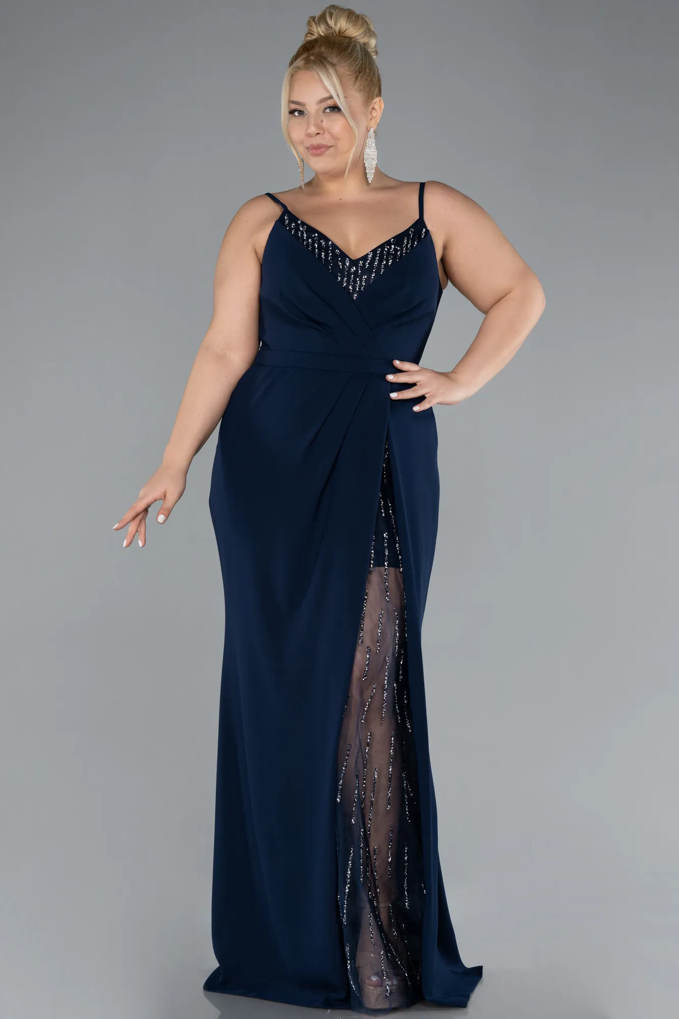 Navy Blue-Straps Long Plus Size Evening Gown ABU4300