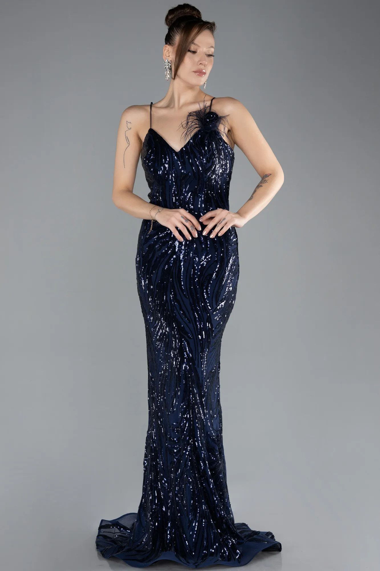 Navy Blue-Straps Sequin Train Long Mermaid Prom Dress ABU4494