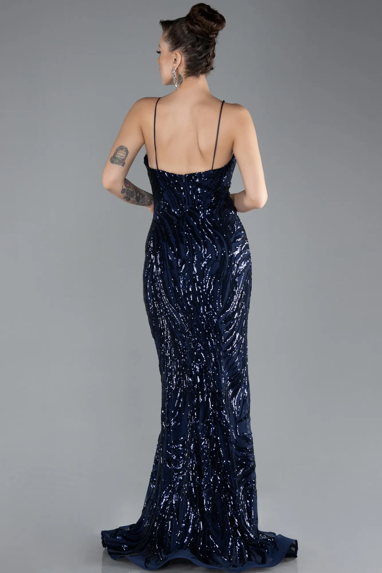 Navy Blue-Straps Sequin Train Long Mermaid Prom Dress ABU4494