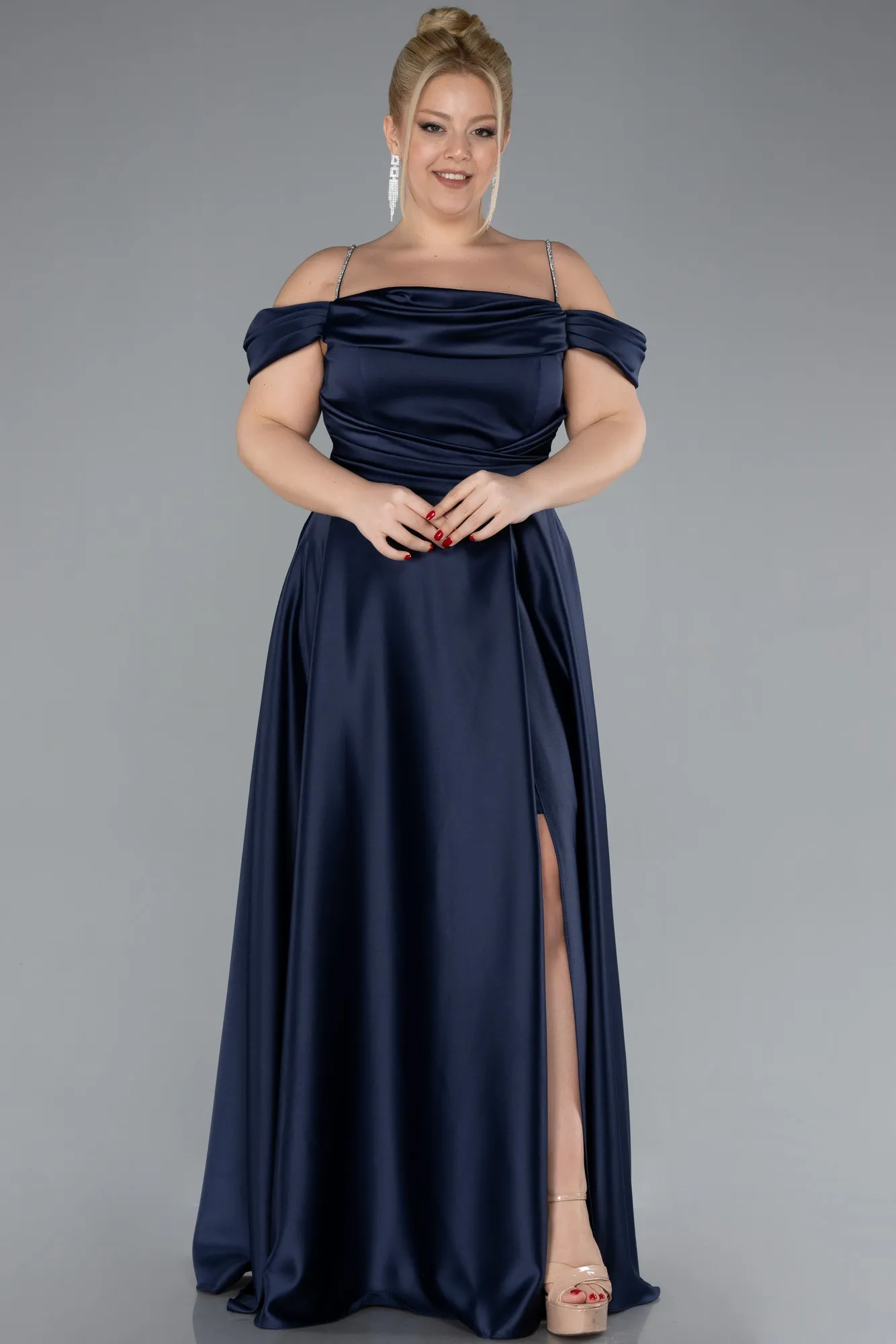 Navy Blue-Strapy Slit Long Satin Plus Size Evening Gown ABU4528