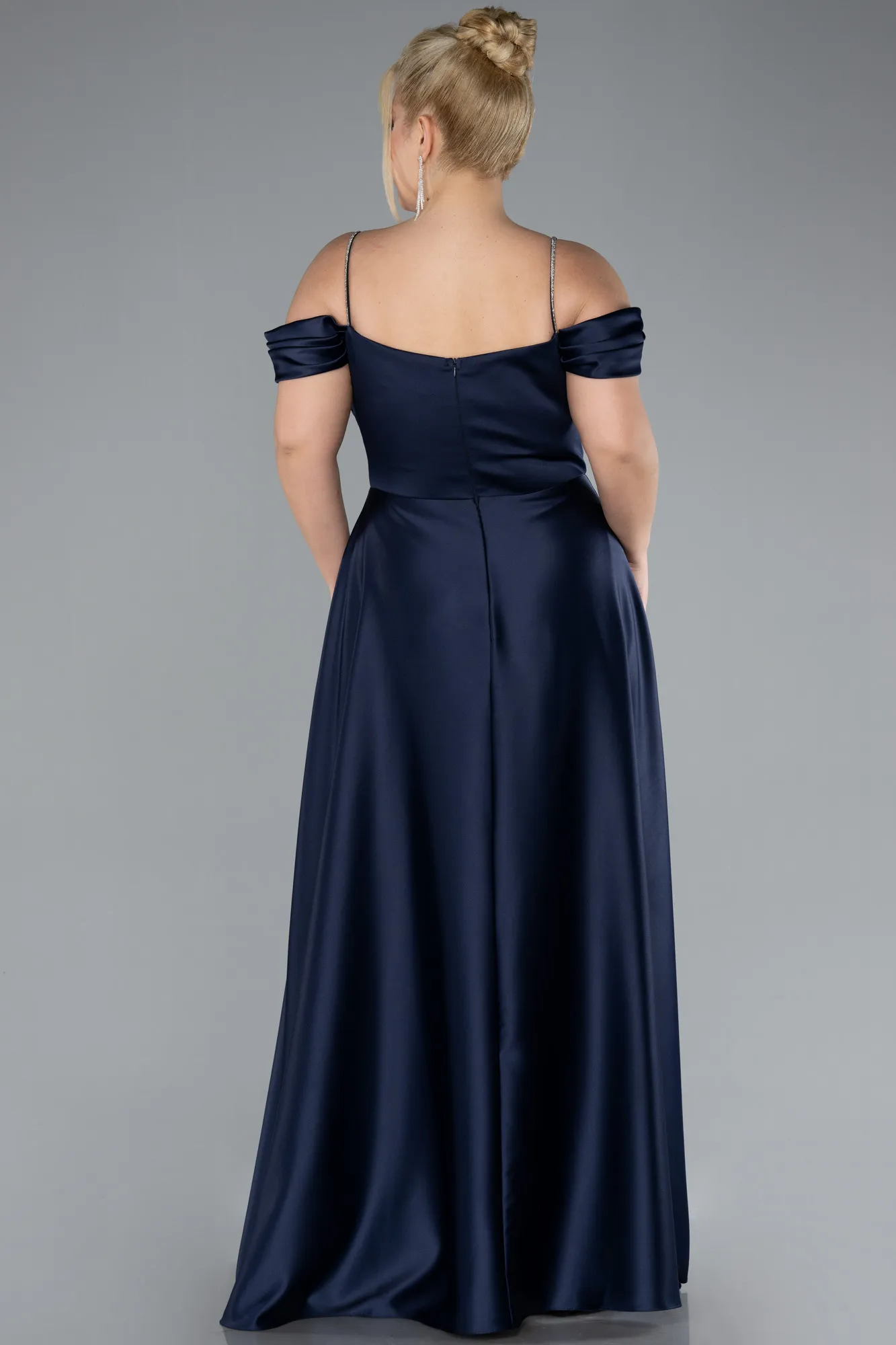 Navy Blue-Strapy Slit Long Satin Plus Size Evening Gown ABU4528