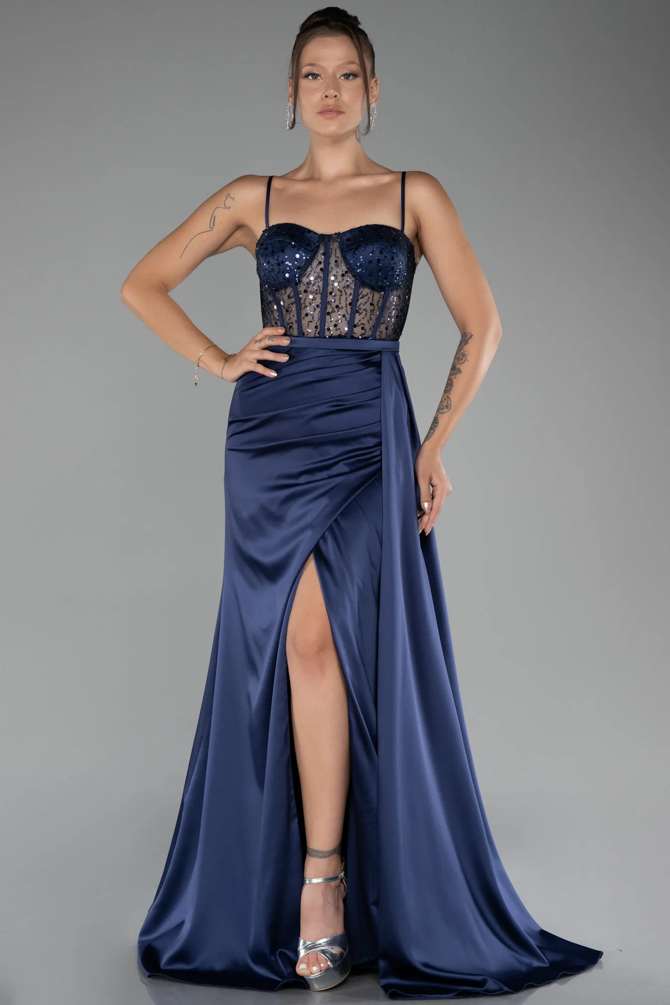 Navy Blue-Underwire On Top Slit Long Satin Eevning Gown ABU4090