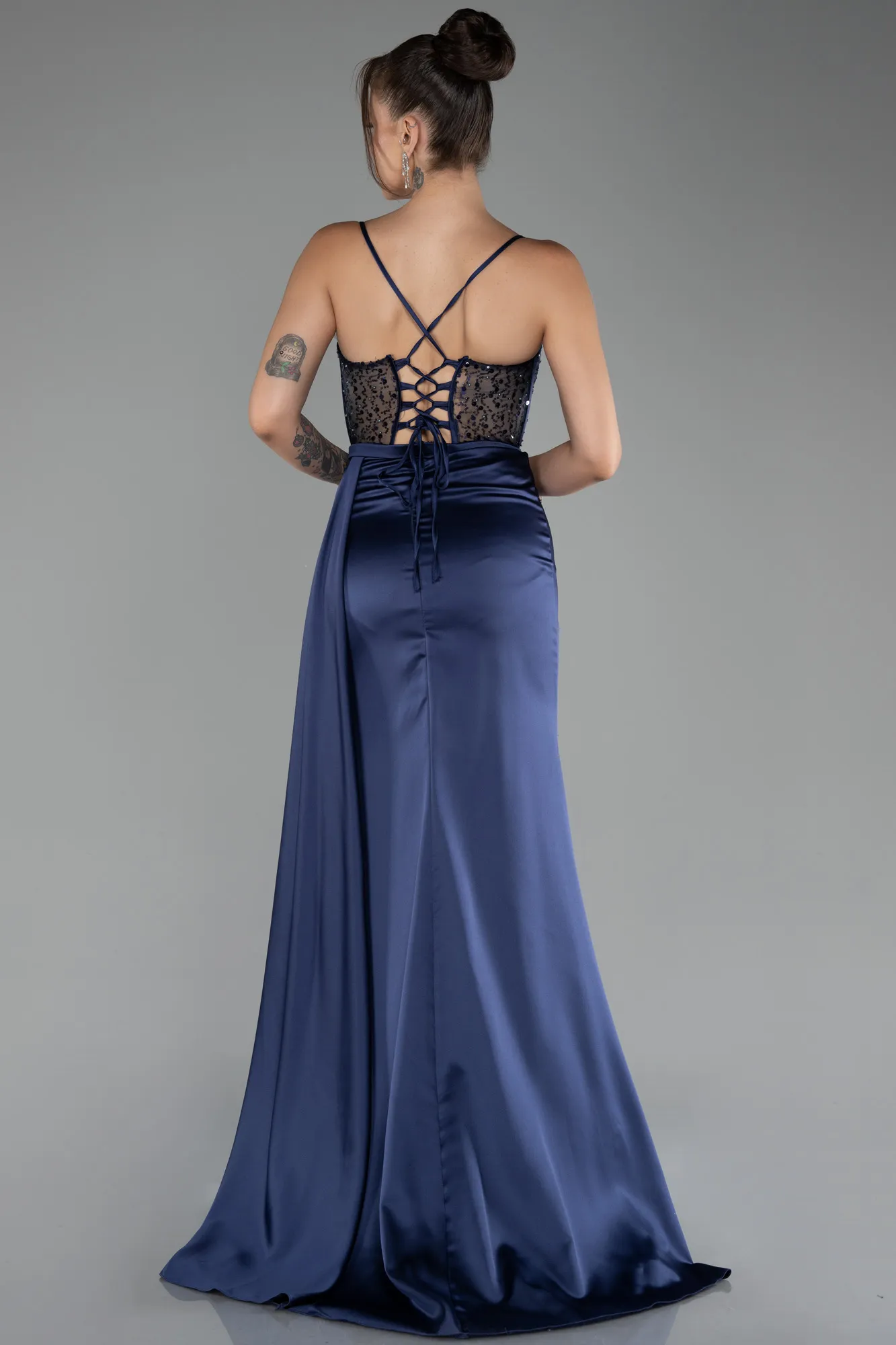 Navy Blue-Underwire On Top Slit Long Satin Eevning Gown ABU4090