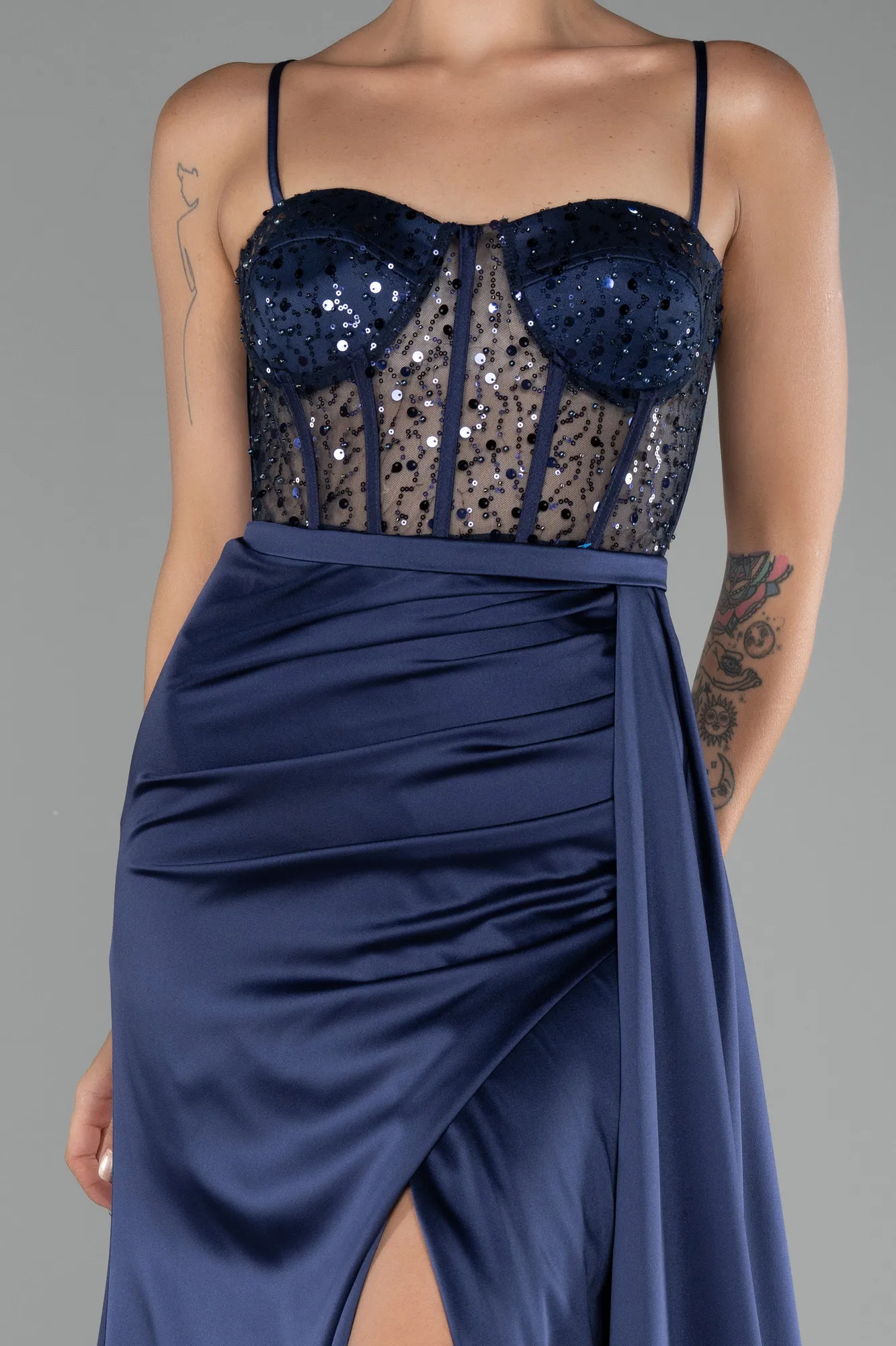 Navy Blue-Underwire On Top Slit Long Satin Eevning Gown ABU4090