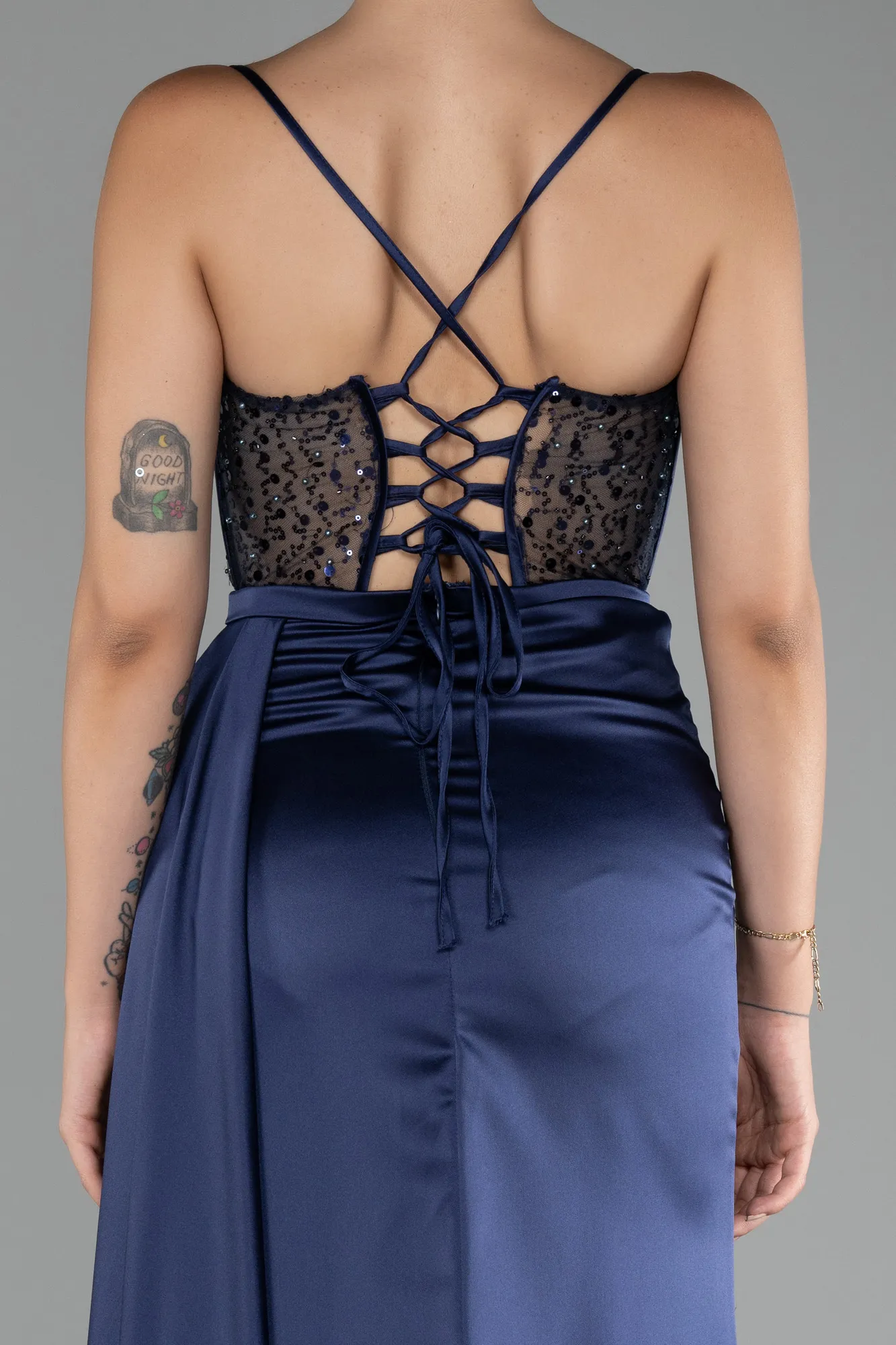 Navy Blue-Underwire On Top Slit Long Satin Eevning Gown ABU4090