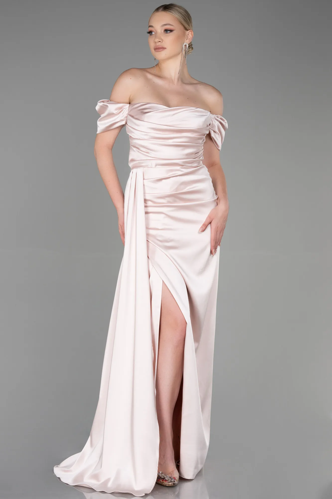 Nude-Long Satin Engagement Dress ABU1606