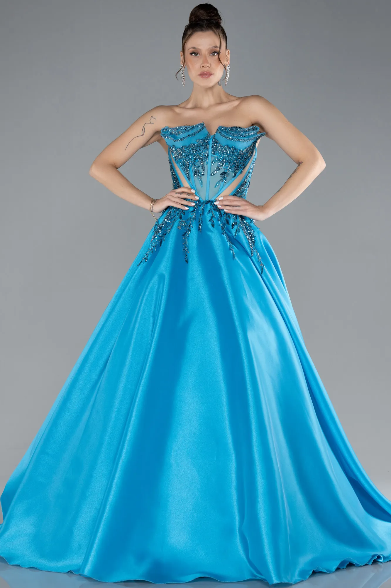 Oil Blue-Stoned Strapless Neckline Long Princess Haute Couture Dress ABU4442