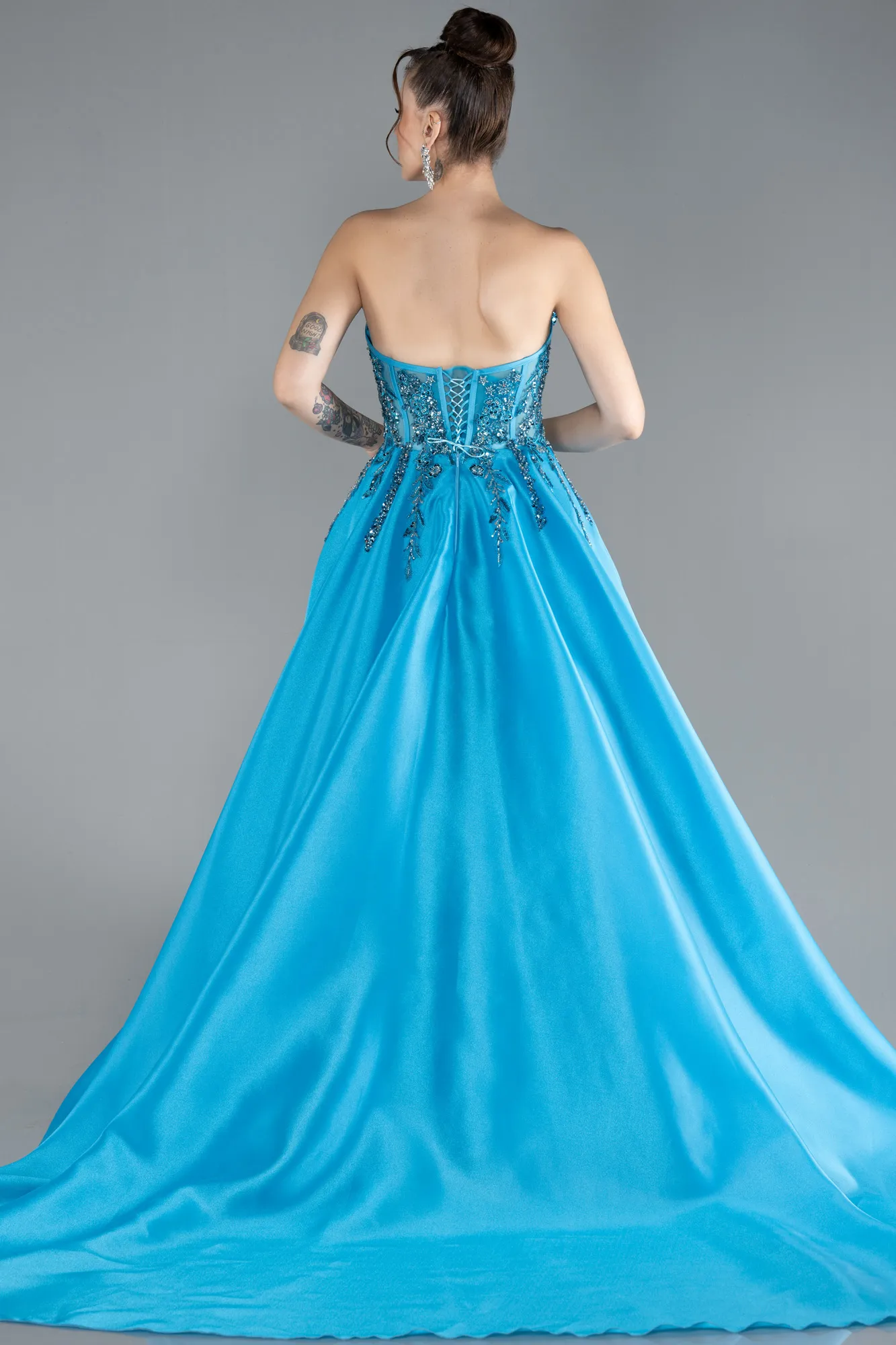 Oil Blue-Stoned Strapless Neckline Long Princess Haute Couture Dress ABU4442