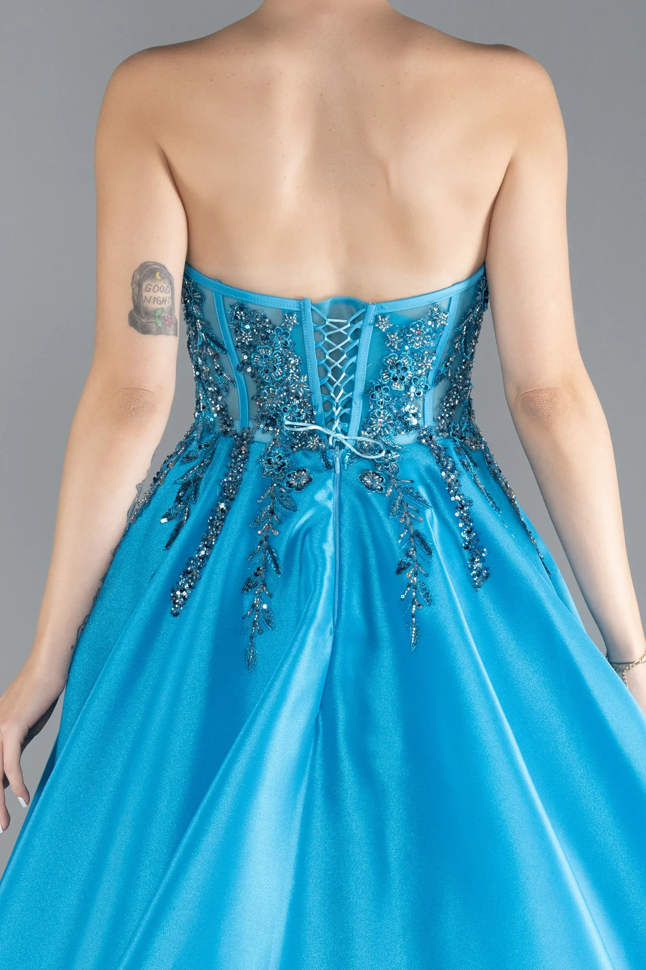 Oil Blue-Stoned Strapless Neckline Long Princess Haute Couture Dress ABU4442