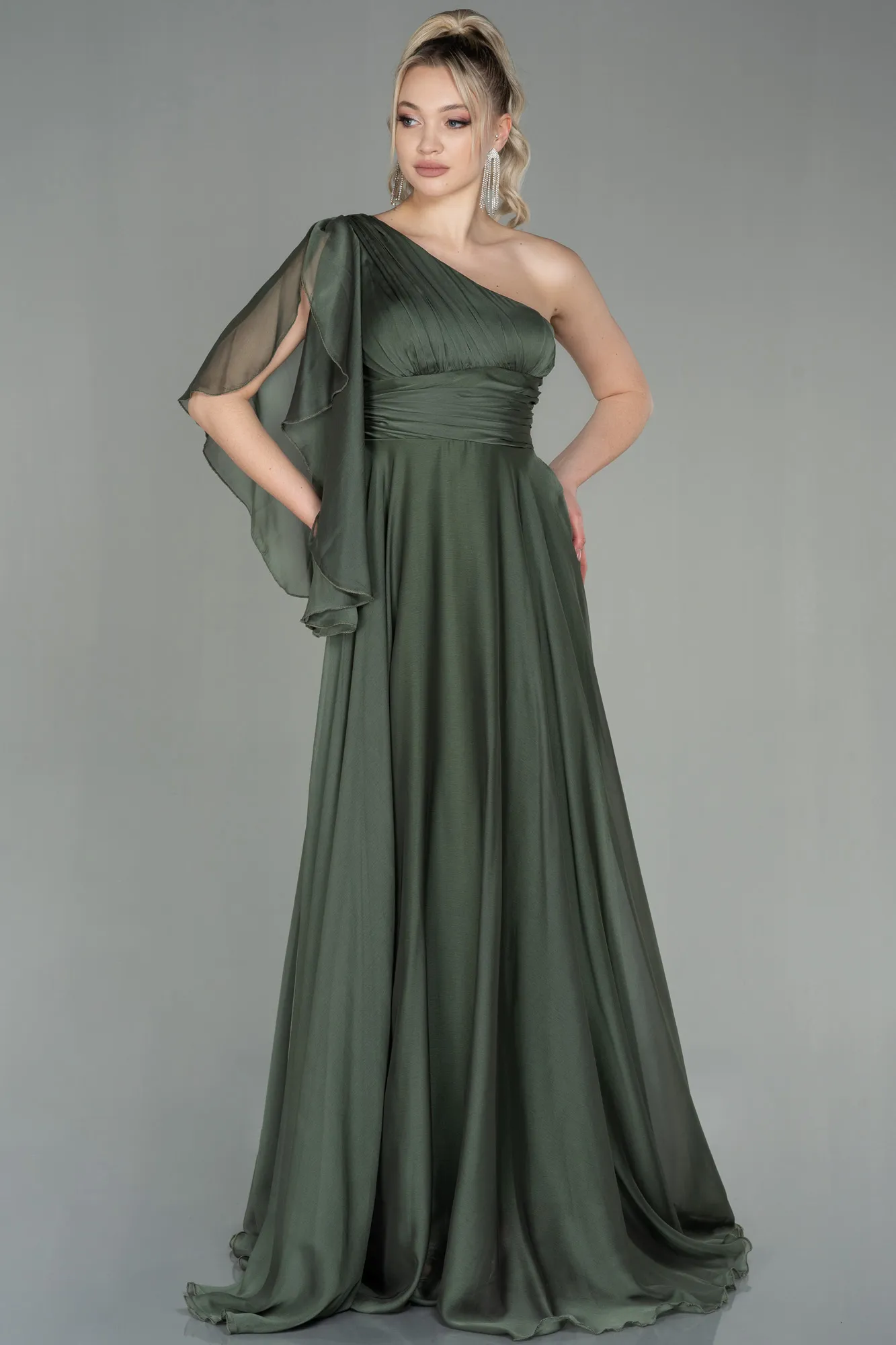 Oil Green-Long Chiffon Evening Dress ABU3449