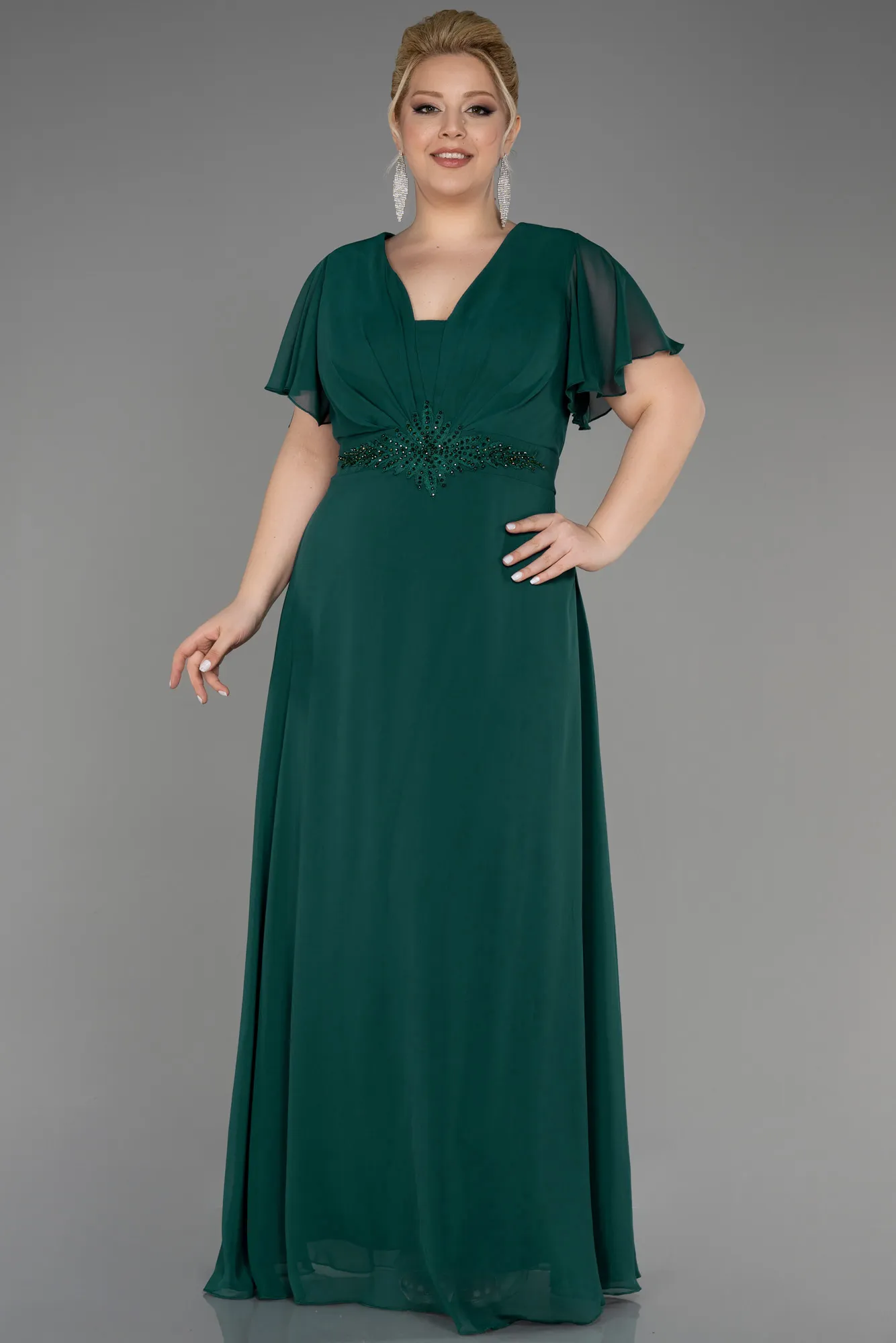 Oil Green-Long Chiffon Plus Size Evening Dress ABU2308