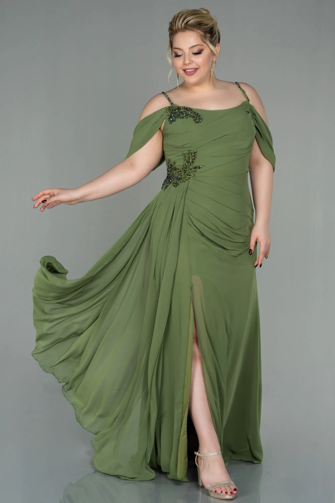 Oil Green-Long Chiffon Plus Size Evening Dress ABU2929