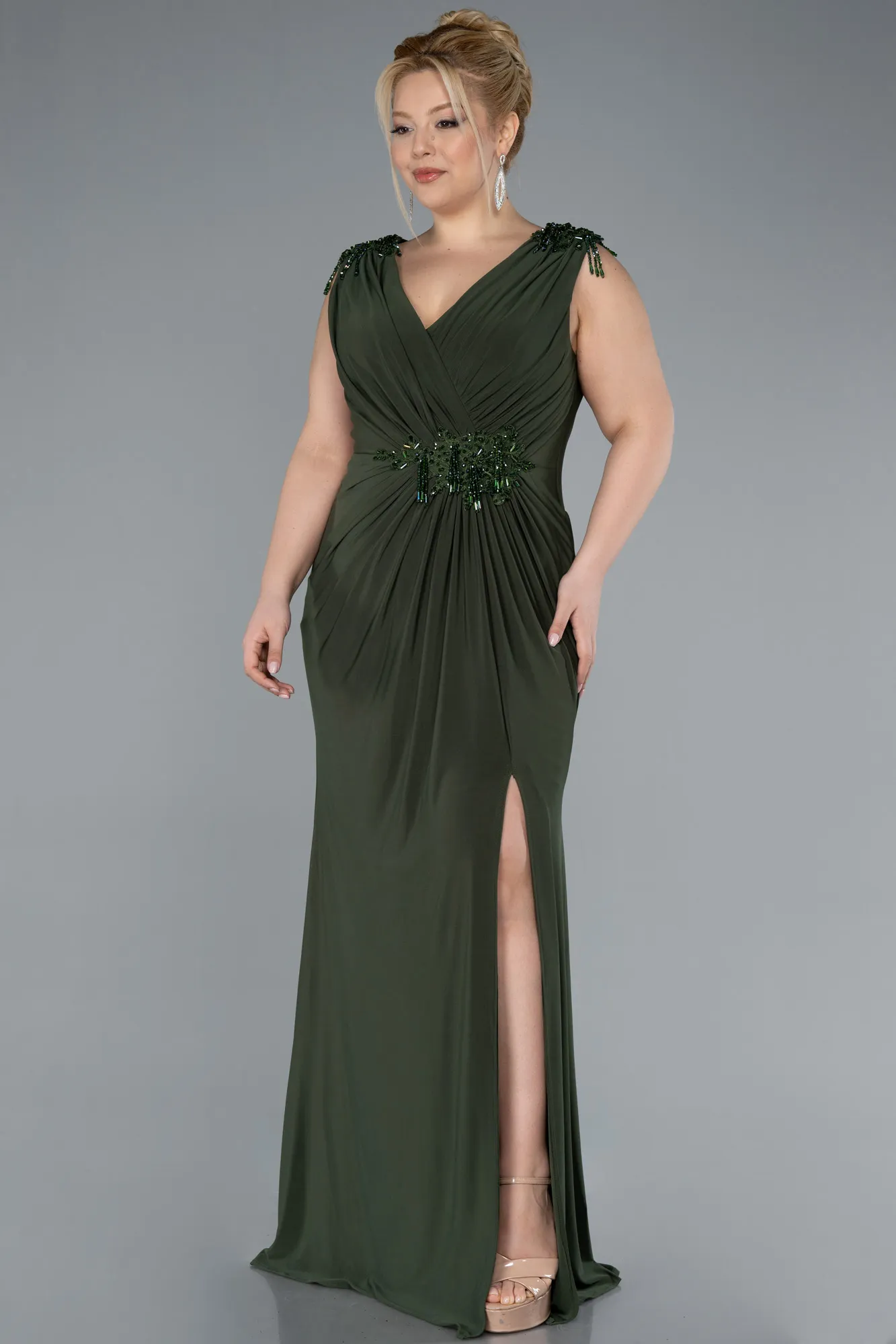 Oil Green-Long Plus Size Evening Dress ABU2854