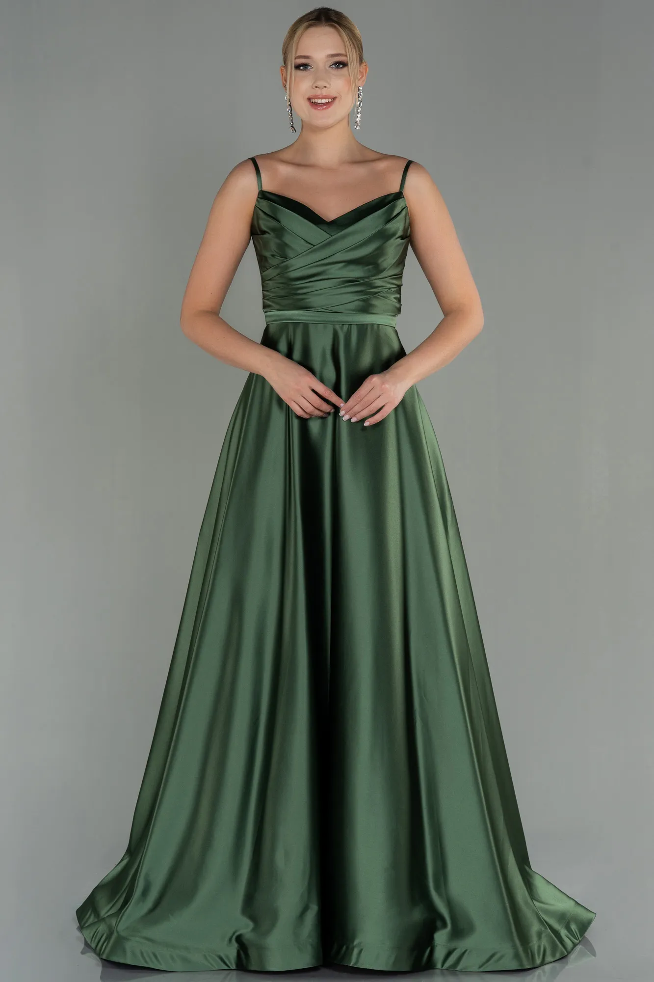 Oil Green-Long Satin Evening Dress ABU1601