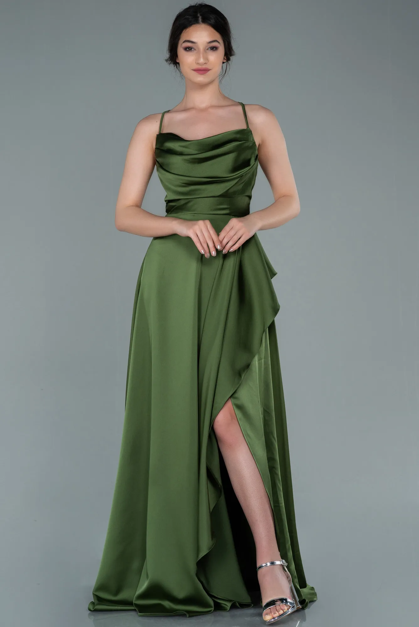 Oil Green-Long Satin Evening Dress ABU1843