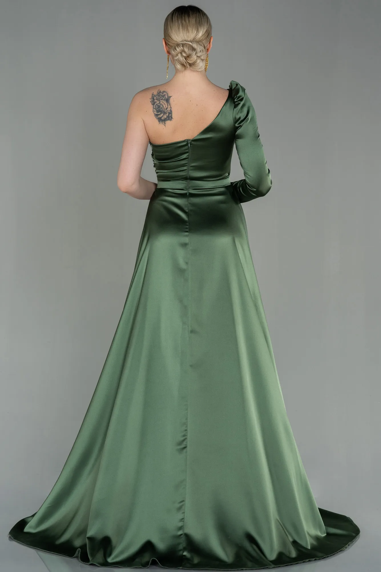 Oil Green-Long Satin Evening Dress ABU2610