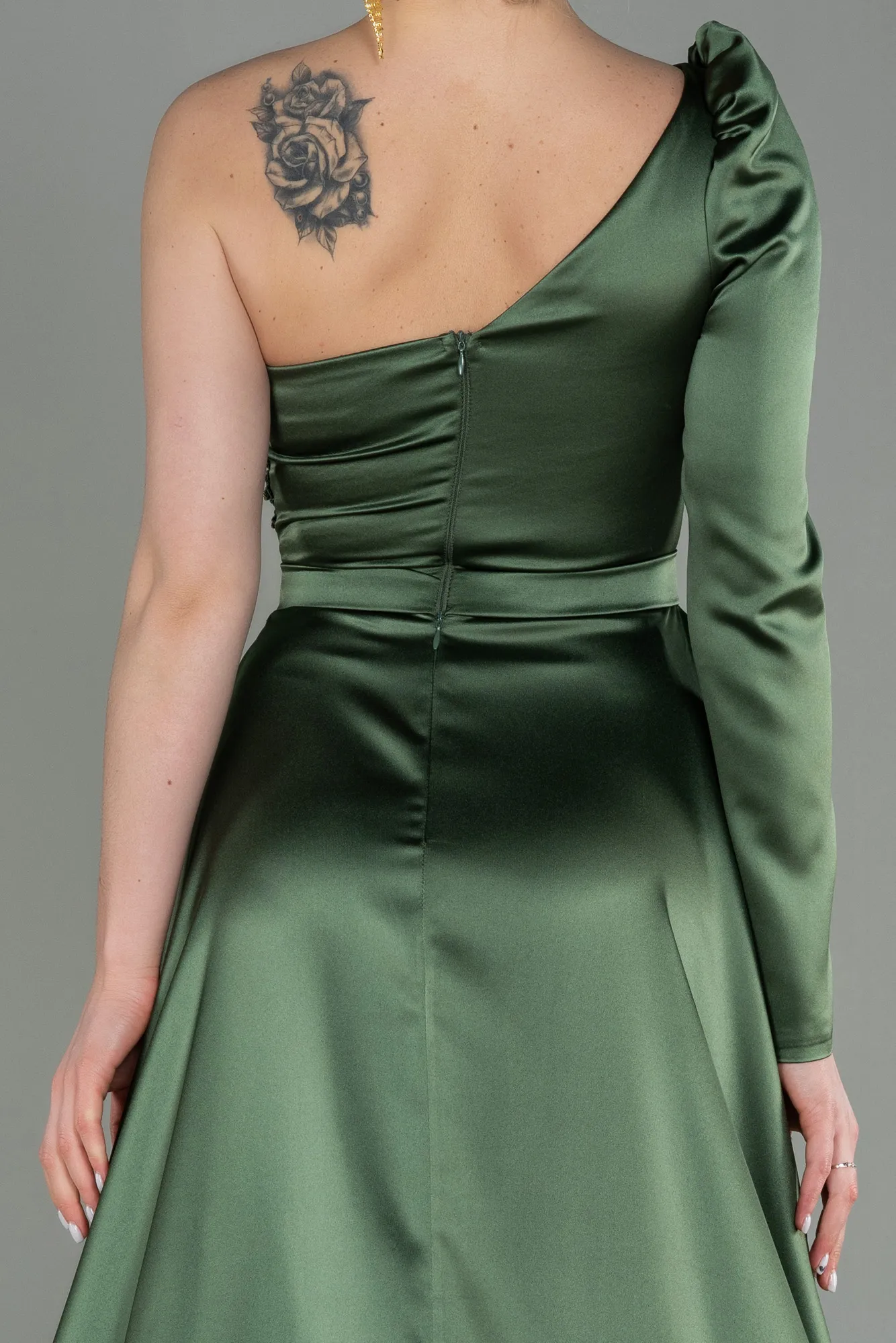 Oil Green-Long Satin Evening Dress ABU2610