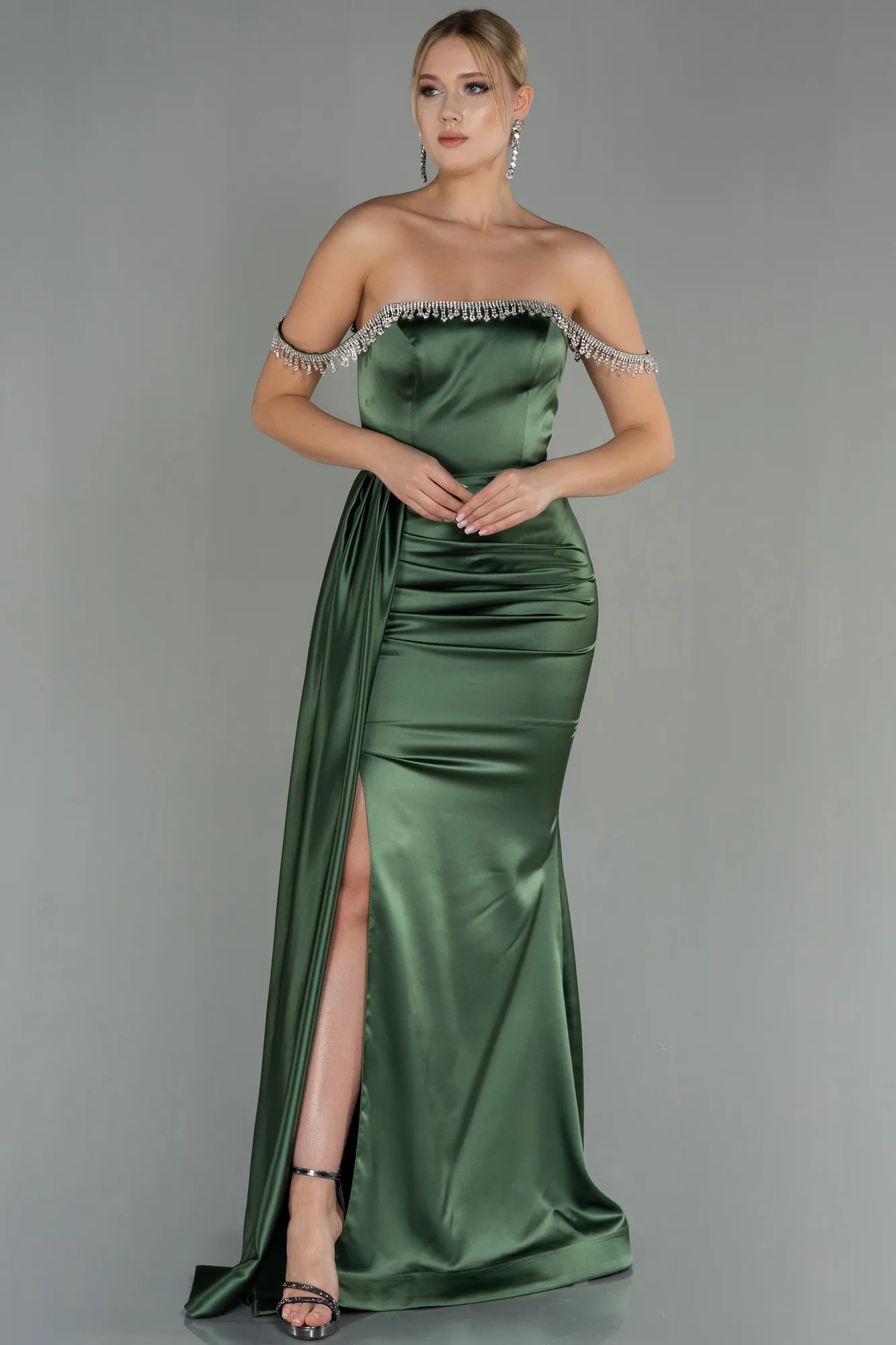Oil Green-Long Satin Evening Dress ABU2618