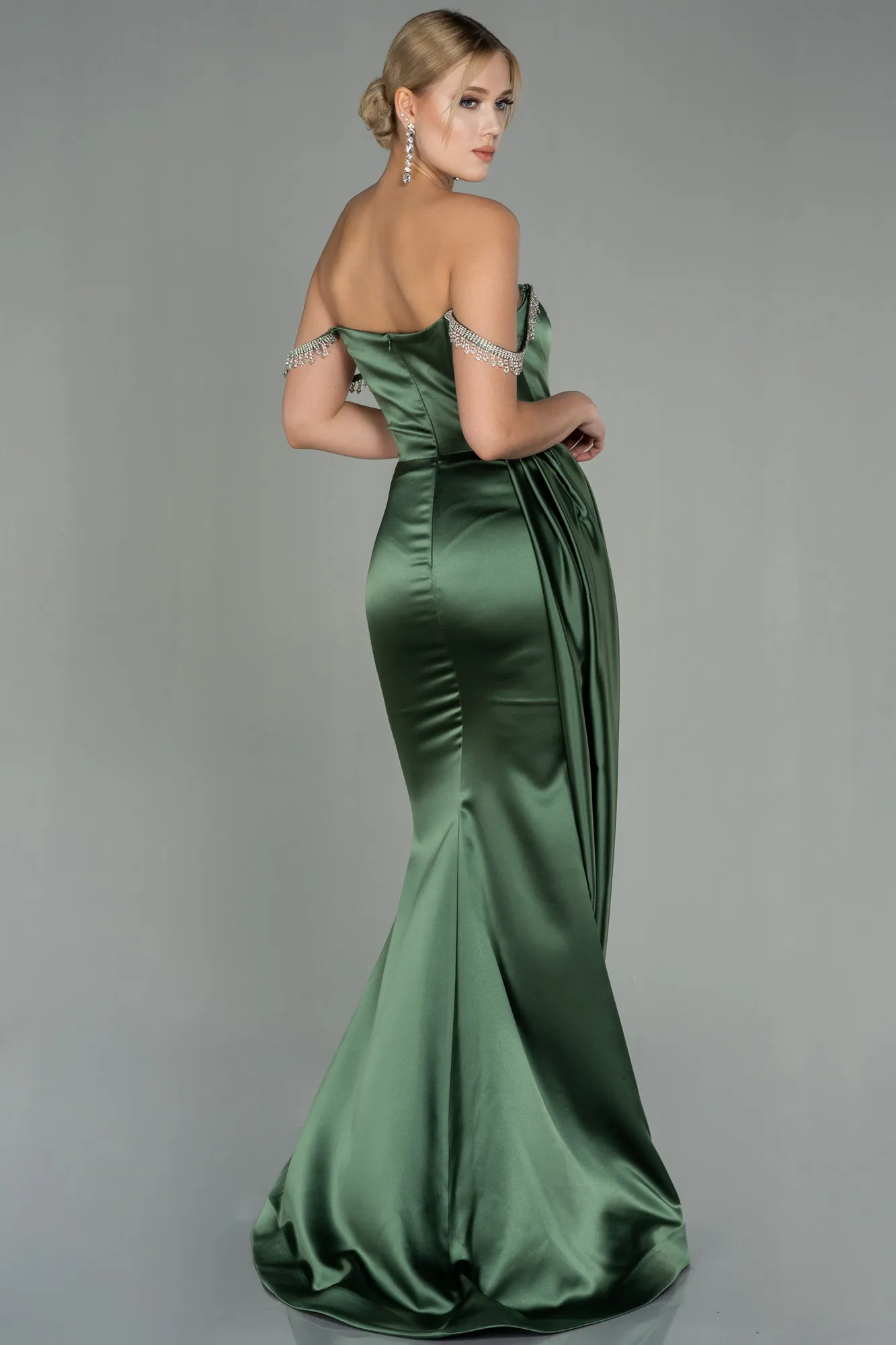 Oil Green-Long Satin Evening Dress ABU2618