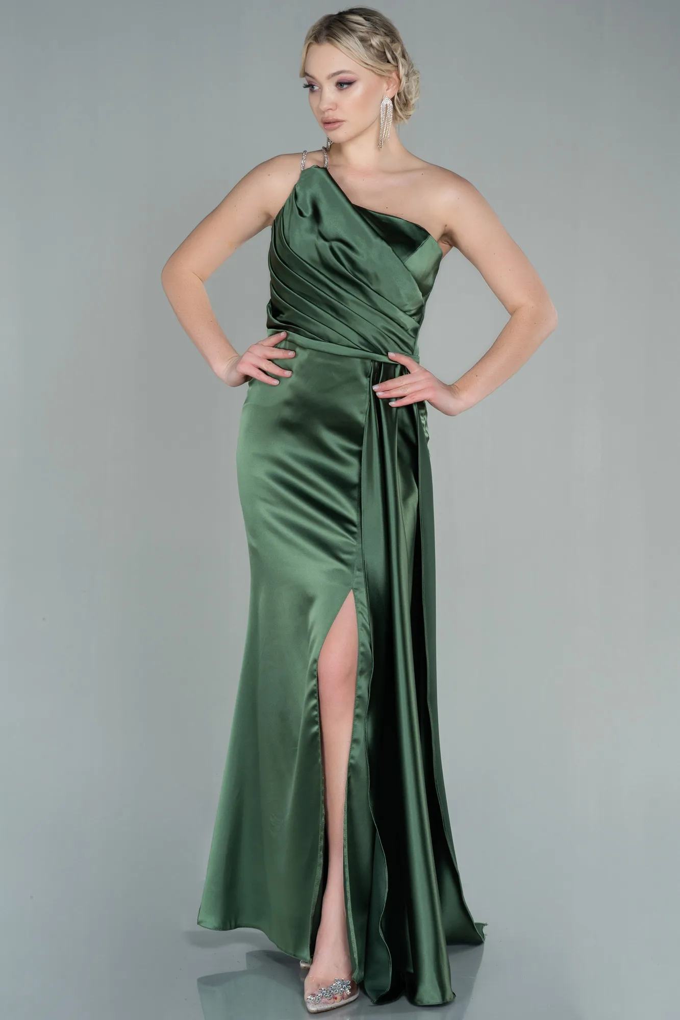 Oil Green-Long Satin Evening Dress ABU2817