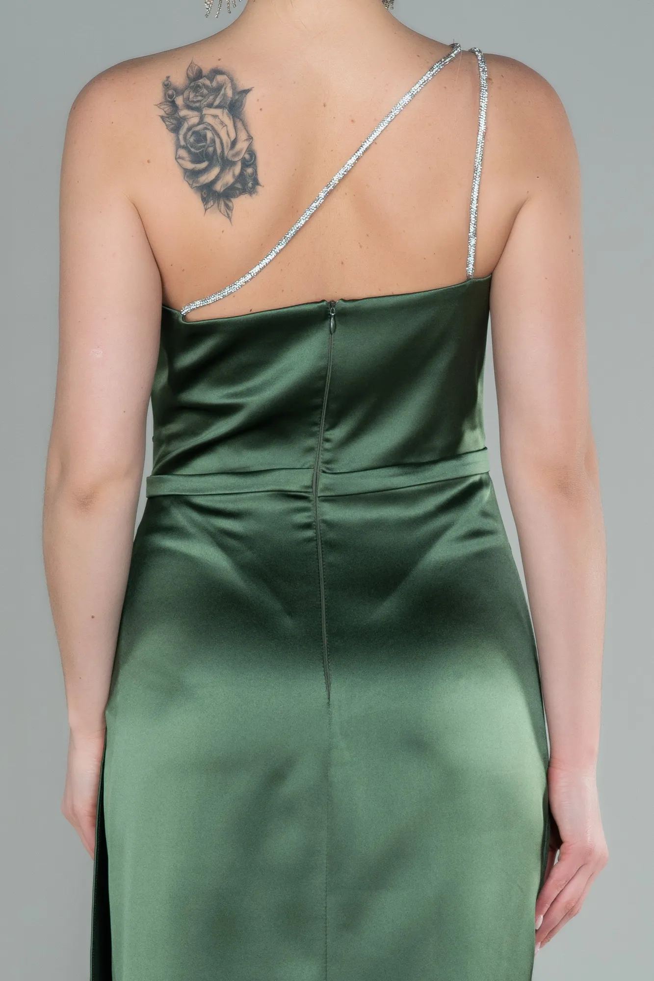 Oil Green-Long Satin Evening Dress ABU2817