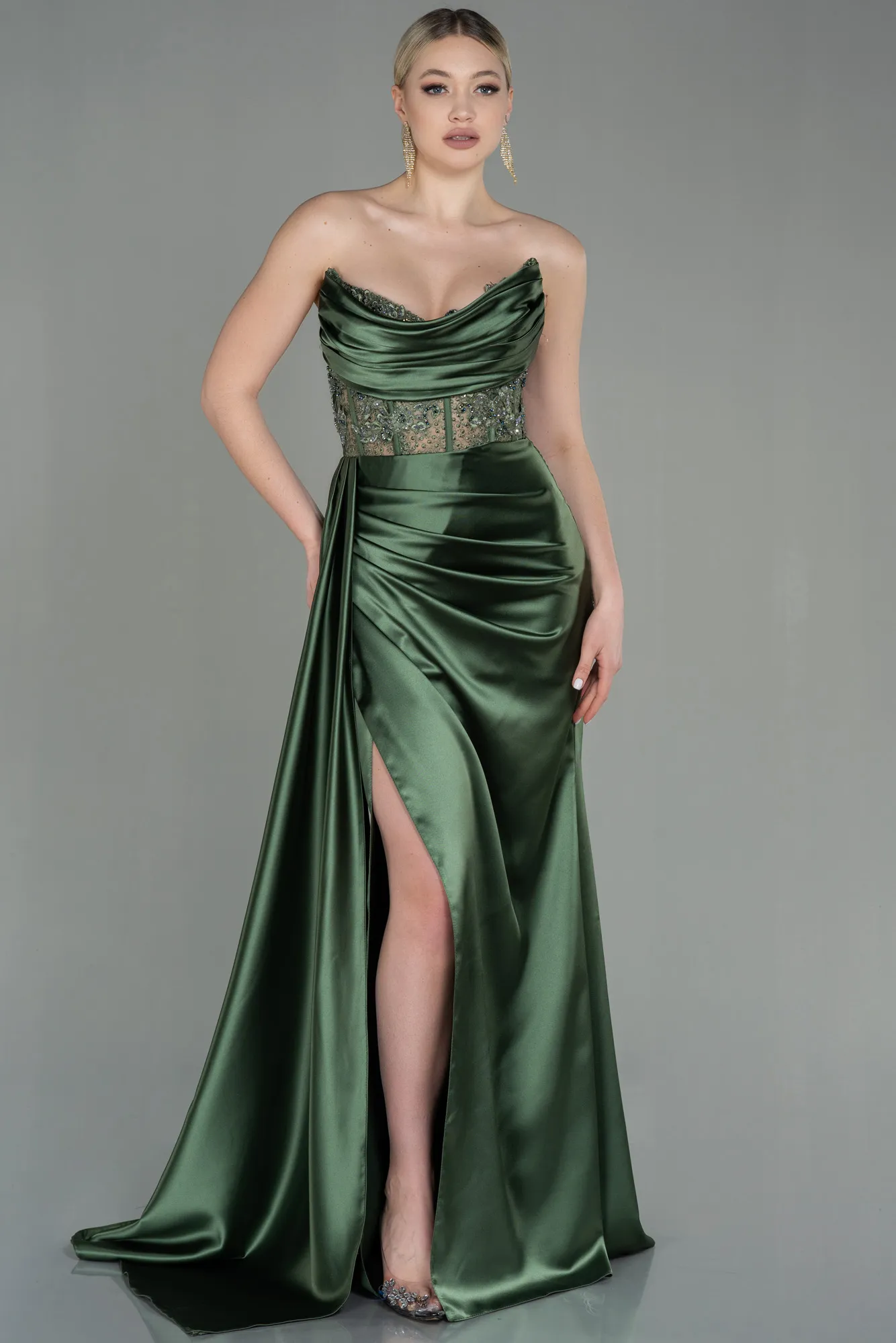 Oil Green-Long Satin Evening Dress ABU3447