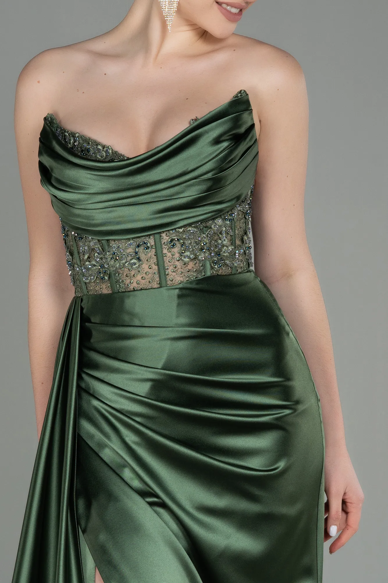 Oil Green-Long Satin Evening Dress ABU3447
