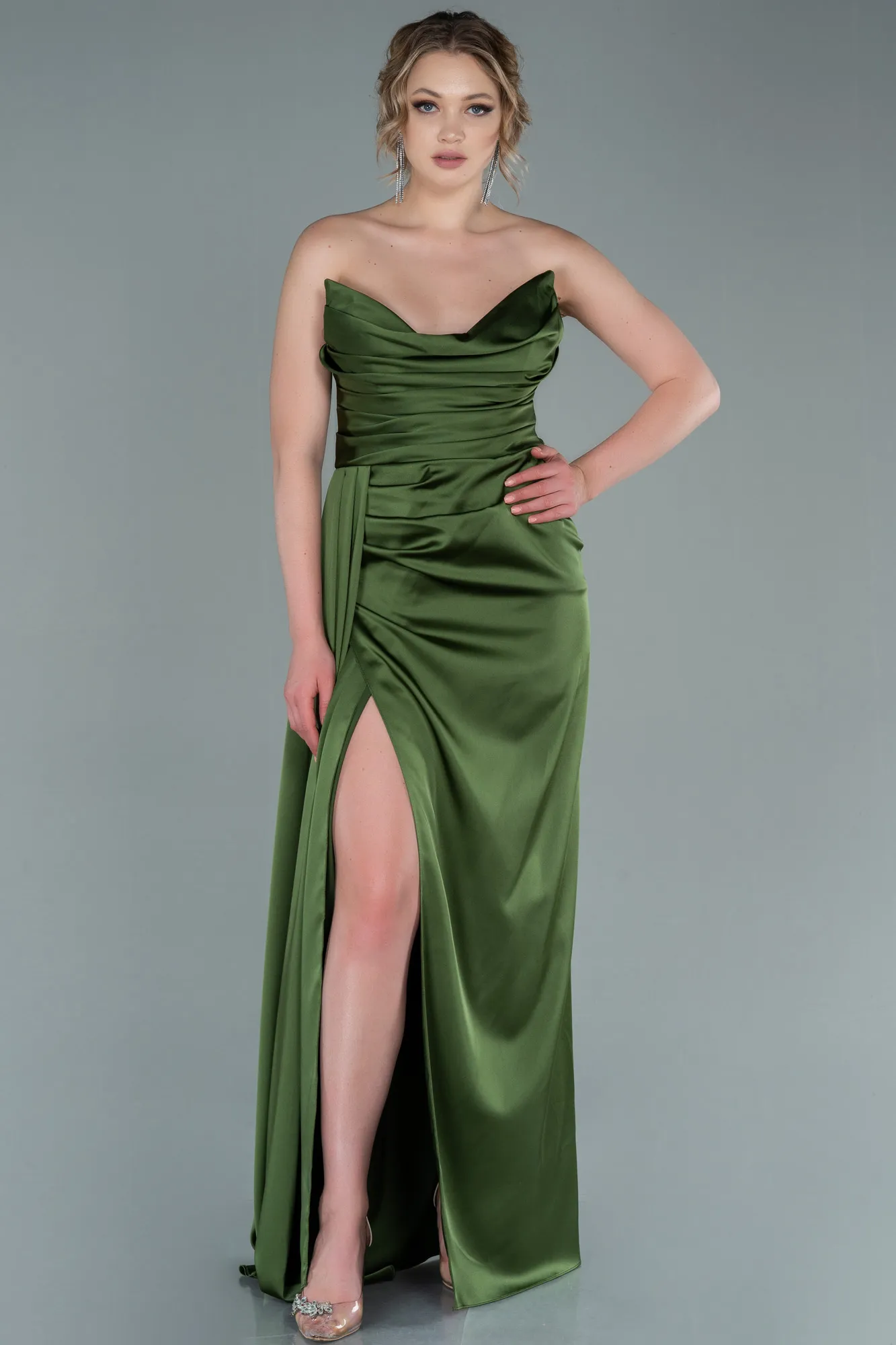 Oil Green-Long Satin Prom Gown ABU2340