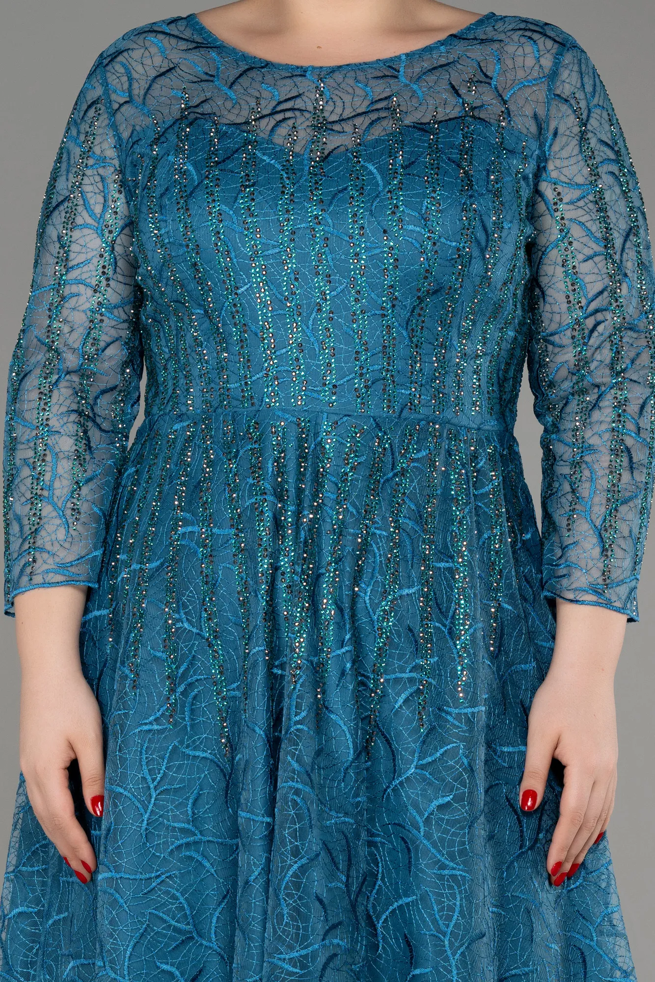 Oil Green-Long Sleeve Laced Plus Size Evening Dress ABU3932