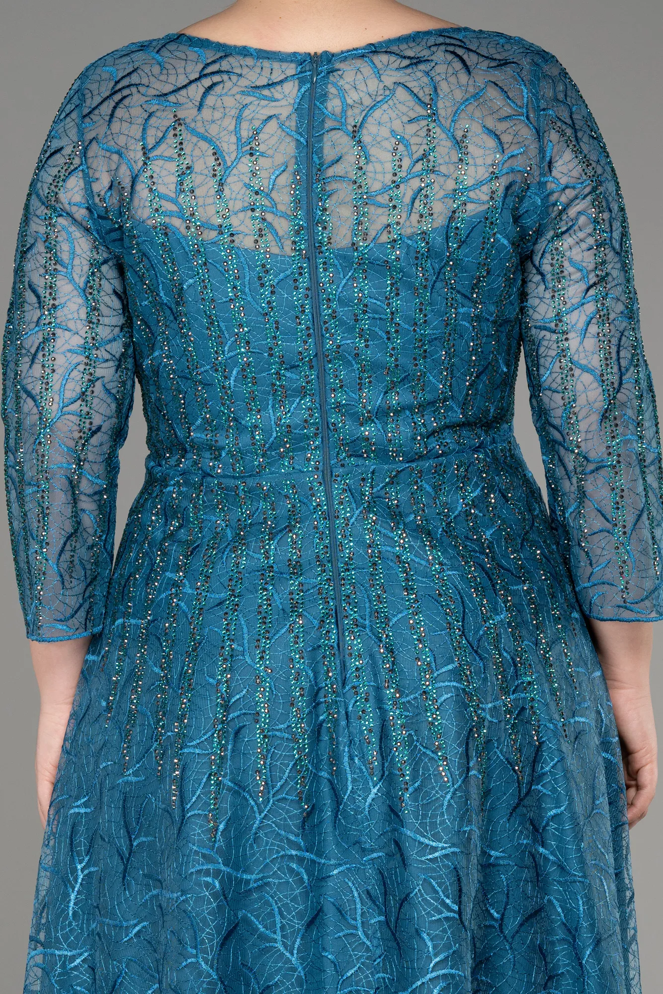 Oil Green-Long Sleeve Laced Plus Size Evening Dress ABU3932