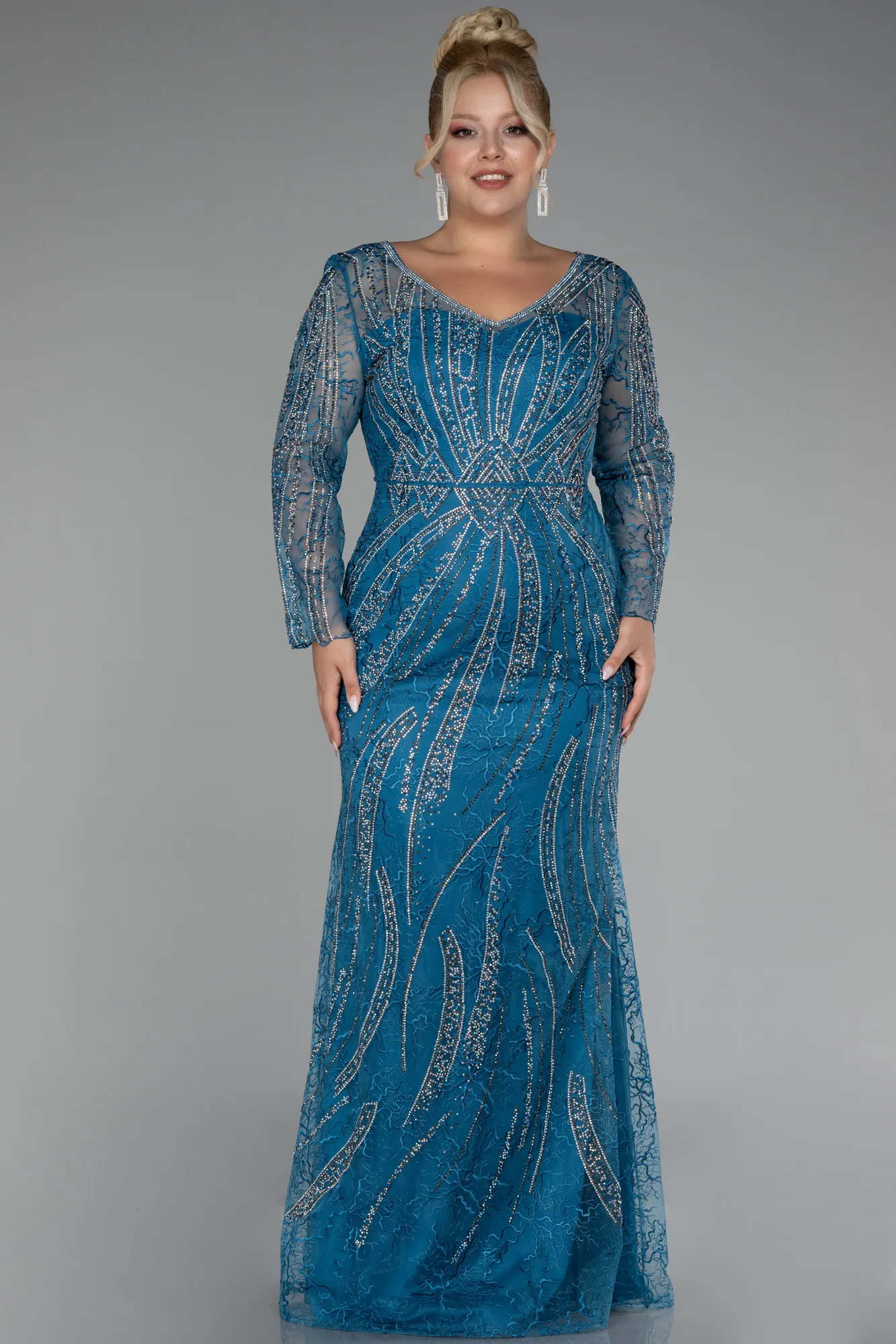 Oil Green-Long Sleeve Stone Guipure Plus Size Evening Gown ABU4052