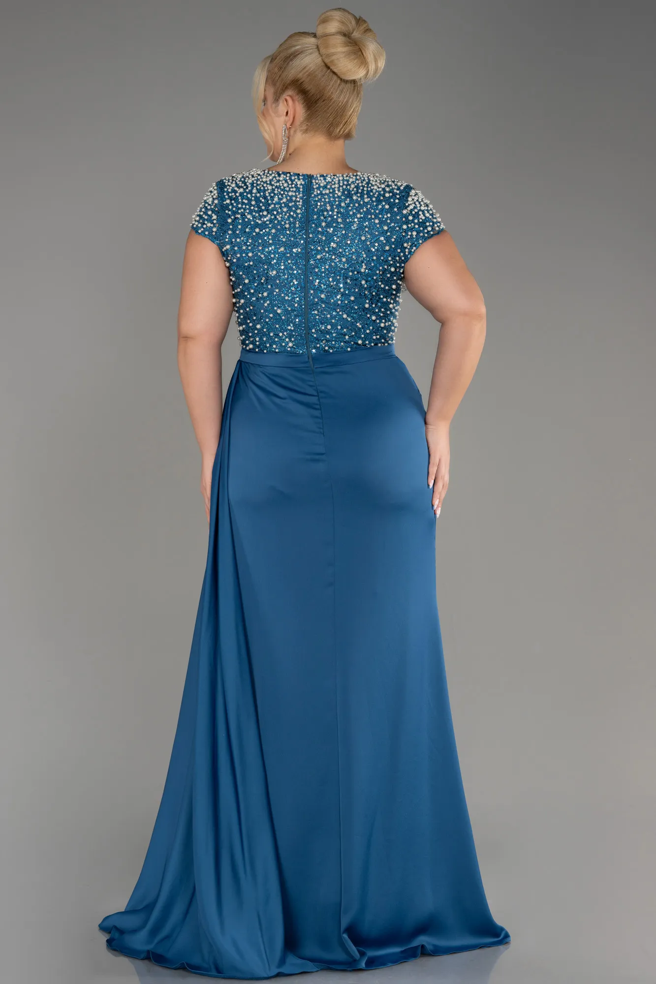 Oil Green-Slit Beaded Long Satin Plus Size Evening Gown ABU4053