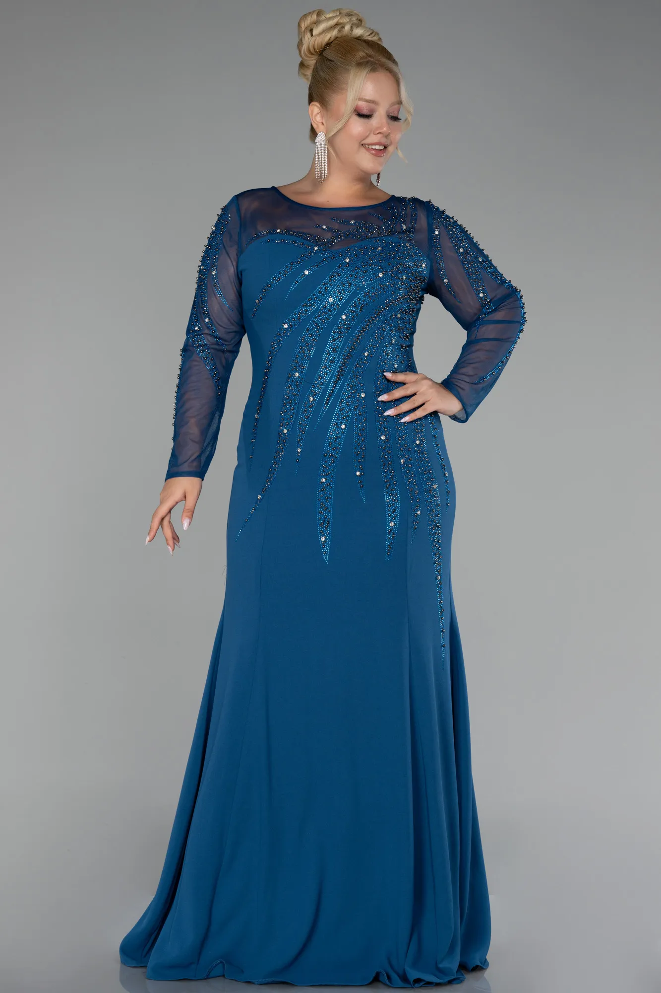 Oil Green-Stoned Long Sleeve Plus Size Evening Gown ABU3928