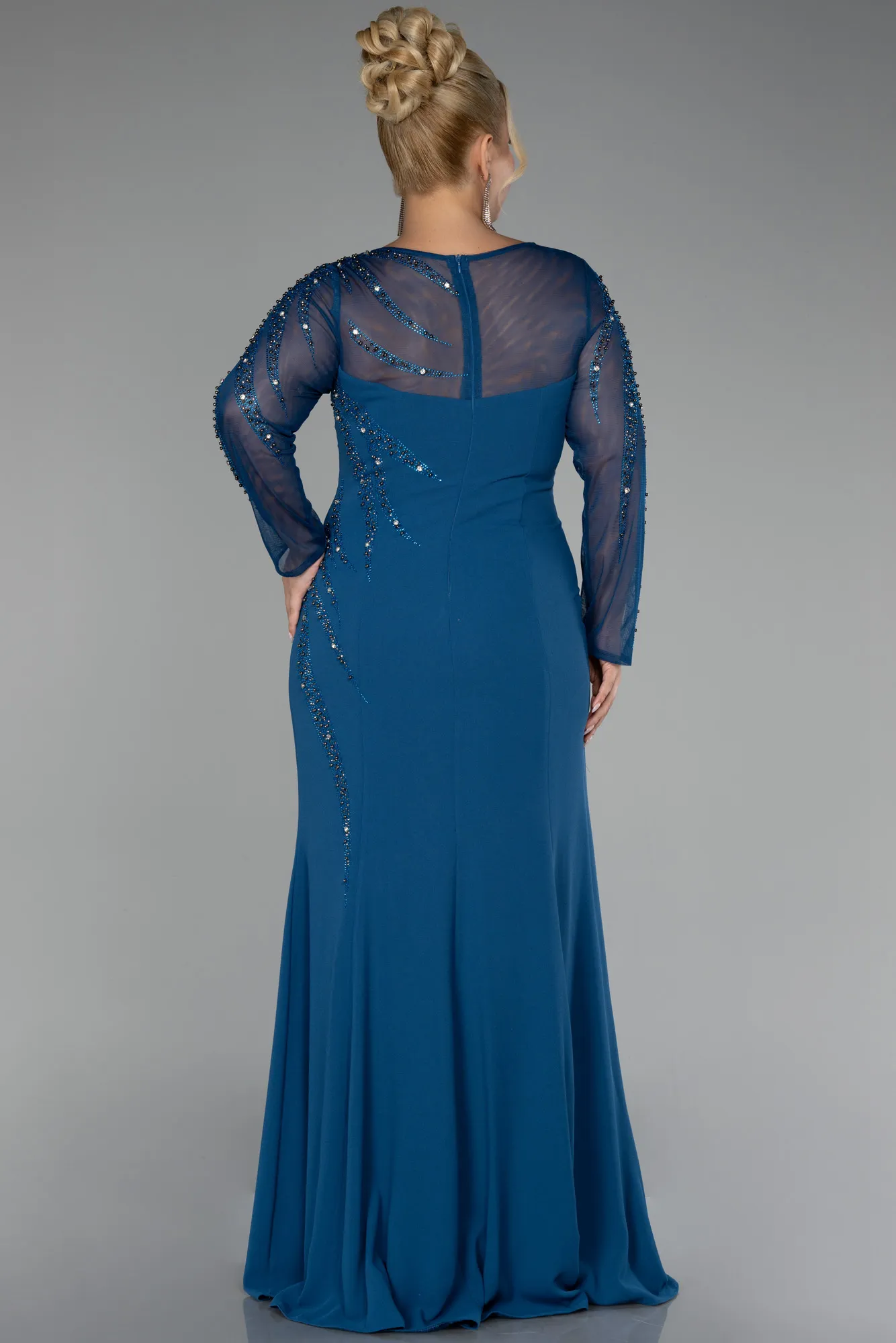 Oil Green-Stoned Long Sleeve Plus Size Evening Gown ABU3928