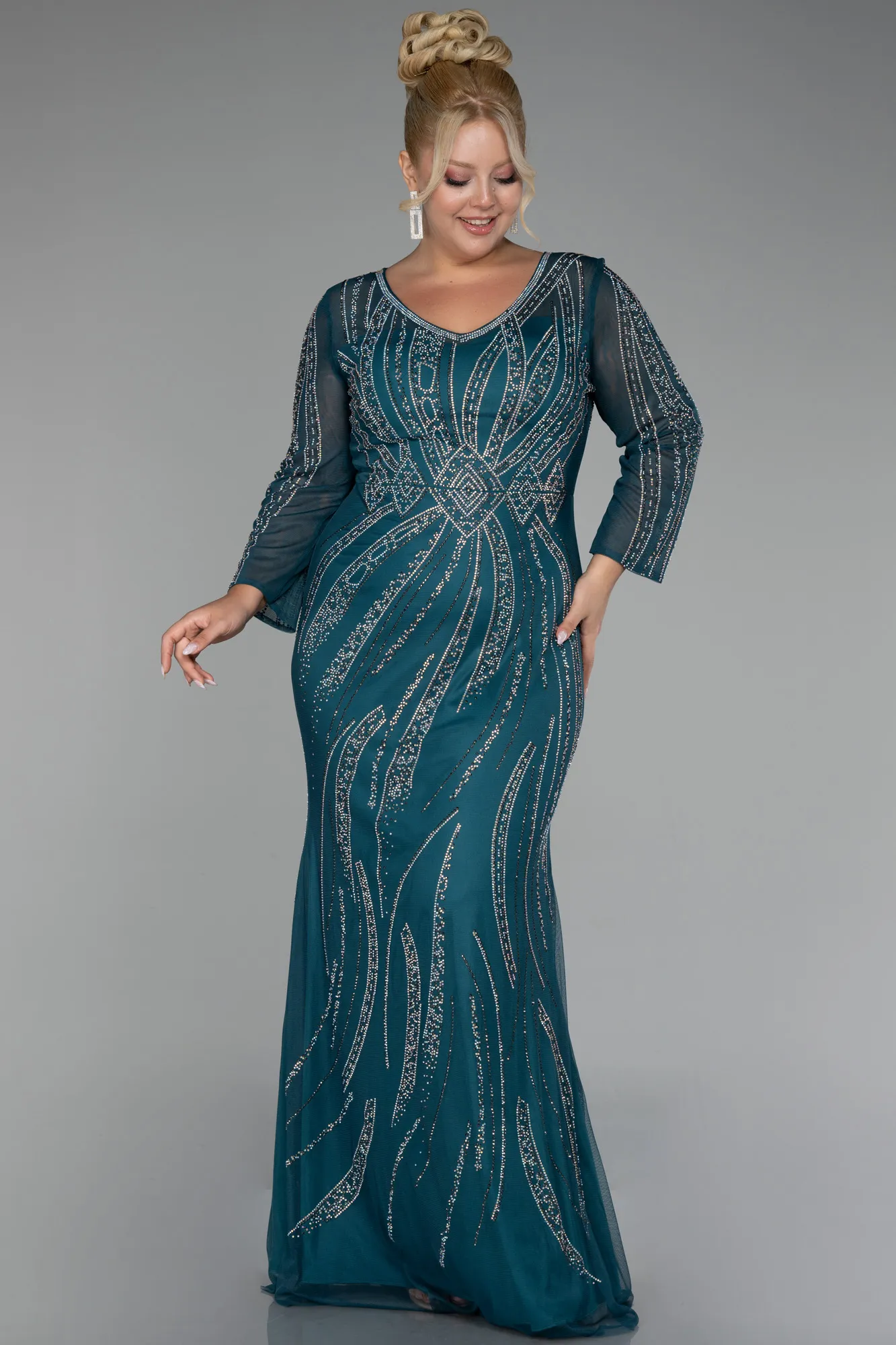 Oil Green-Stoned Long Sleeve Plus Size Evening Gown ABU3935