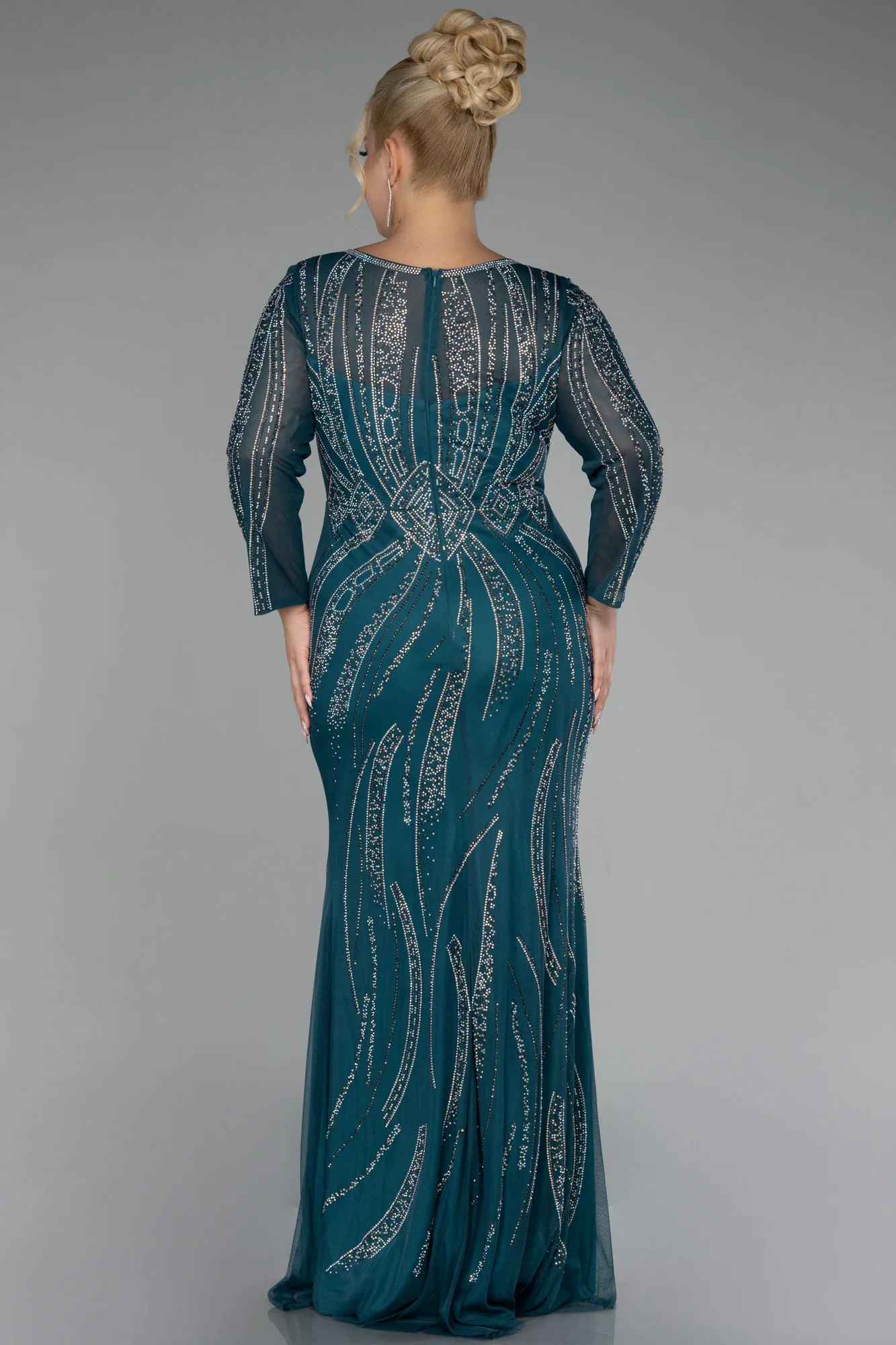 Oil Green-Stoned Long Sleeve Plus Size Evening Gown ABU3935