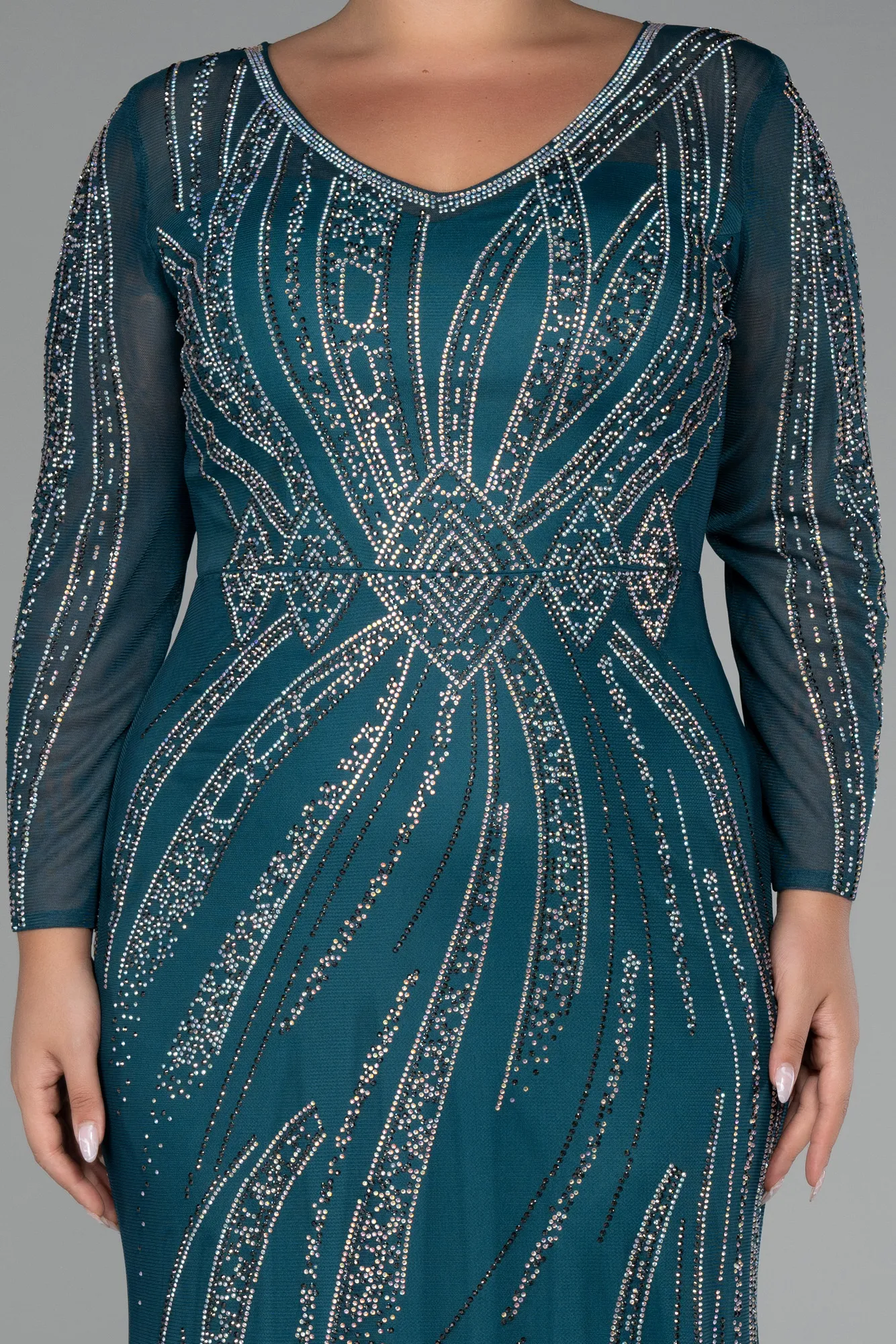 Oil Green-Stoned Long Sleeve Plus Size Evening Gown ABU3935