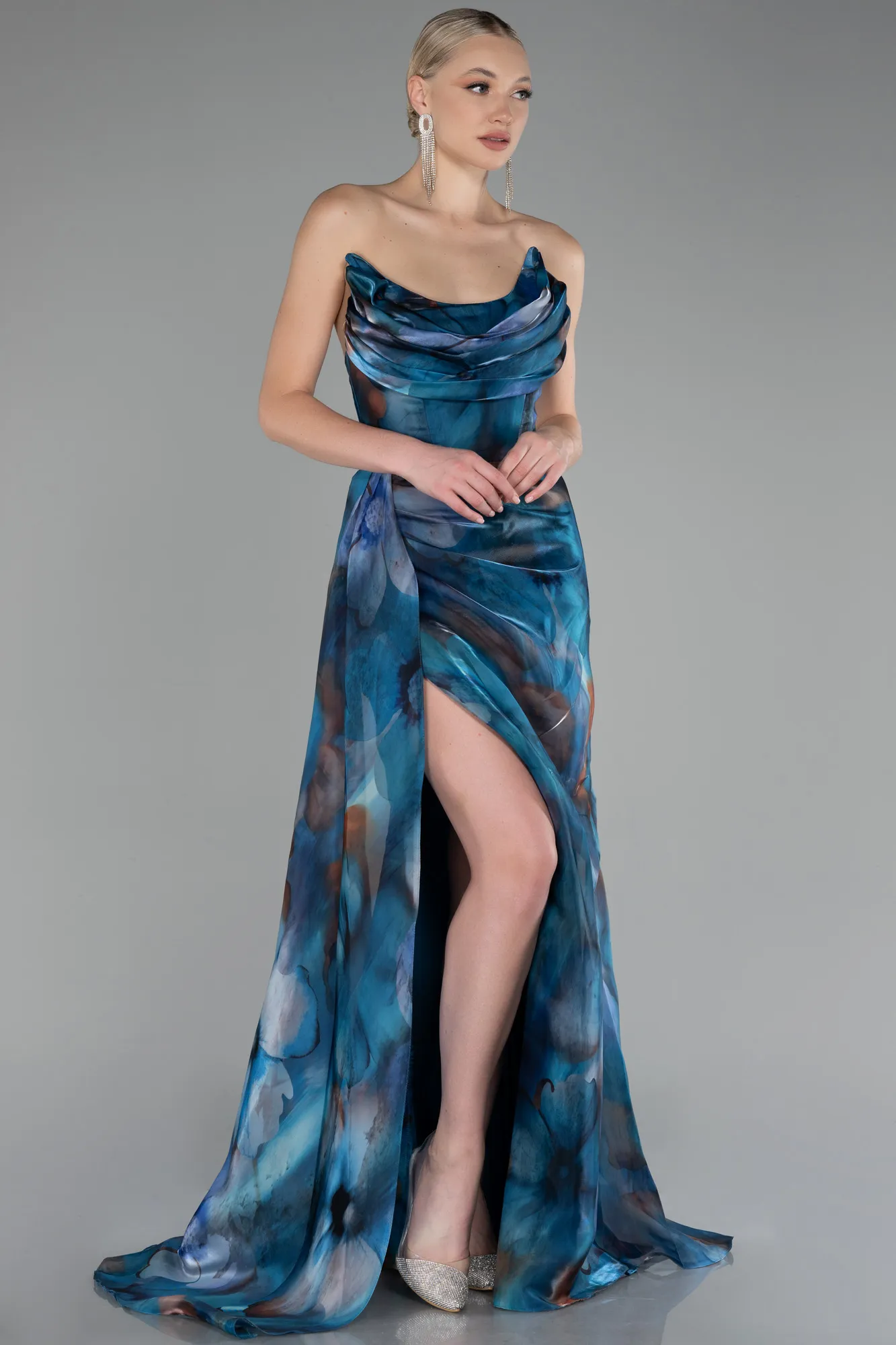 Oil Green-Strapless Slit Long Printed Satin Prom Dress ABU4169