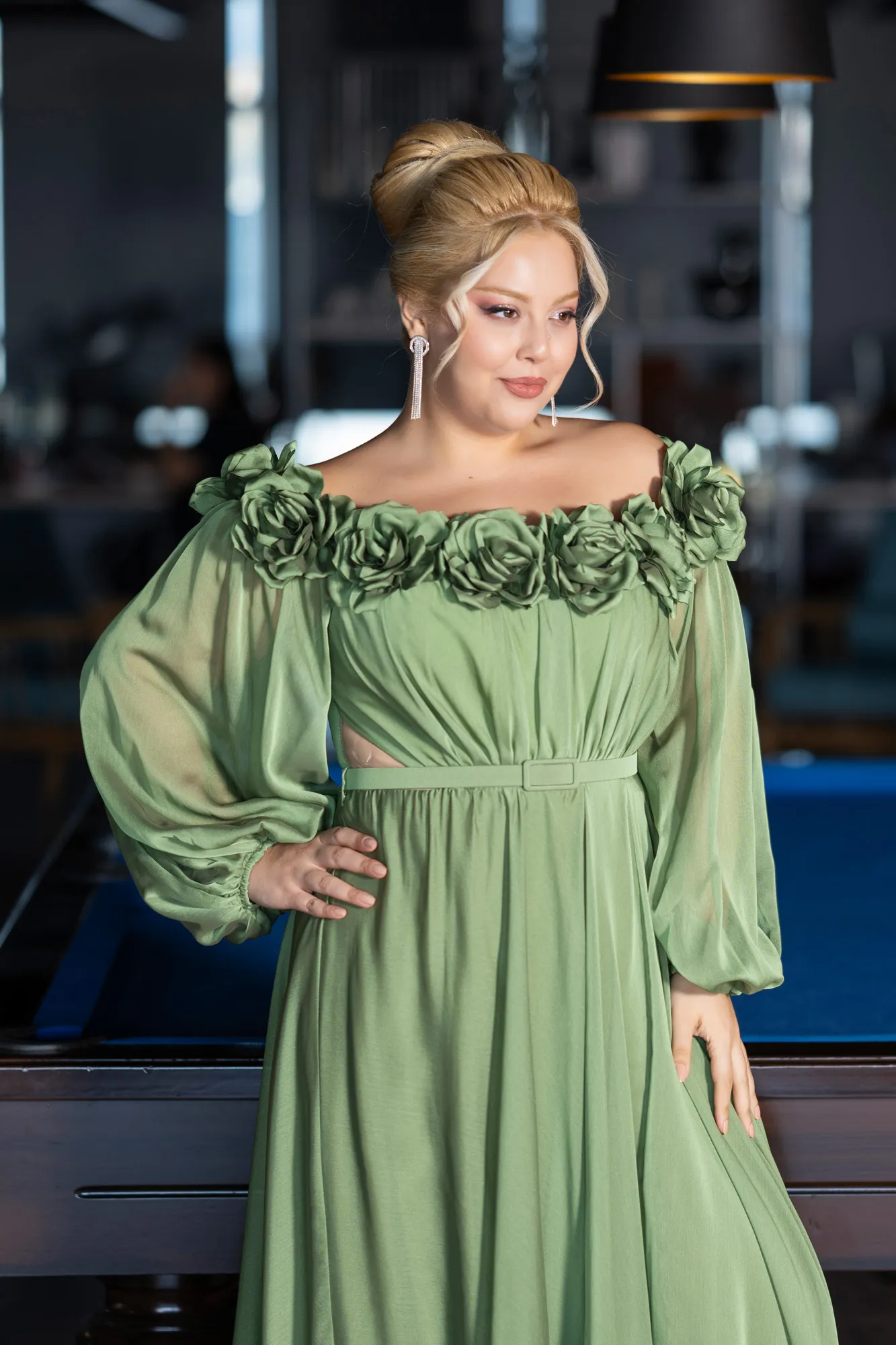 Olive Drab-Boat Neck Long Sleeve Plus Size Chiffon Prom Gown ABU4131