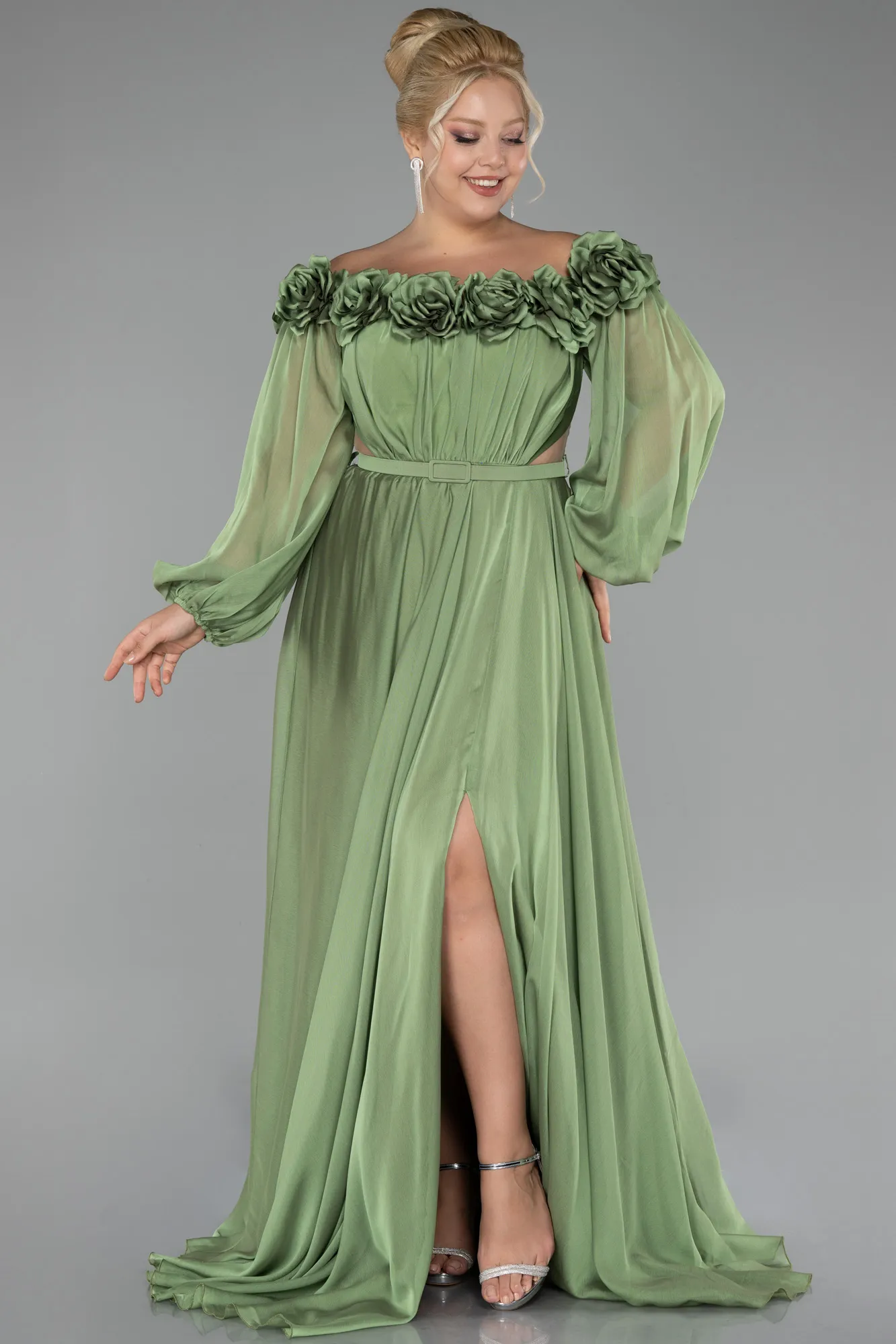 Olive Drab-Boat Neck Long Sleeve Plus Size Chiffon Prom Gown ABU4131